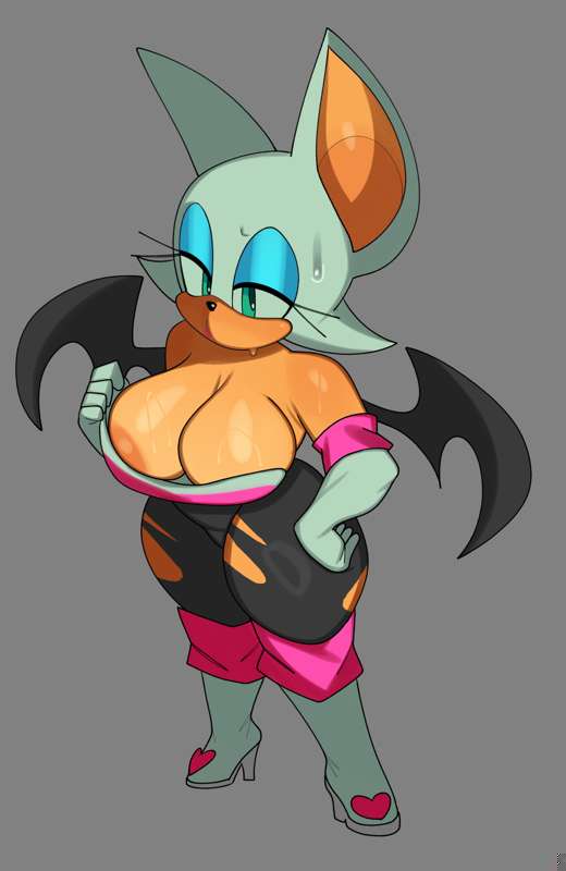 2d 2d_(artwork) anthro areola areola_slip bat bat_wings big_breasts cleavage cooling_off digital_media_(artwork) female fiinel green_eyes rouge_the_bat sega short_hair shortstack skinsuit sonic_(series) sonic_the_hedgehog_(series) sweat sweatdrop torn_clothes wide_hips wings