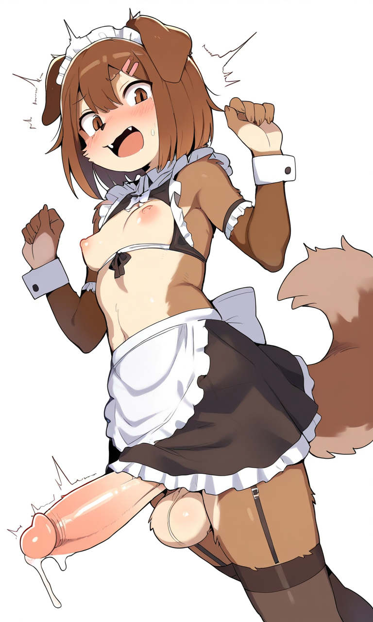 ai_generated big breasts brown canine cum cum_in_pussy dress ear femboy fur furry gay hair maid maid_uniform male mouth open penis precum sekalo small solo tail white_background