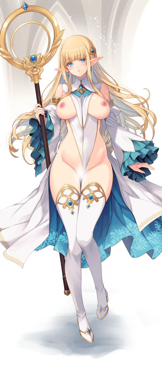 blonde_hair blue_eyes breasts breasts_out censored clothing_aside detached_sleeves elf female full_body highres holding holding_staff kirishima_satoshi leotard leotard_aside long_hair nipples original pointy_ears pussy solo staff white_leotard white_sleeves wide_sleeves