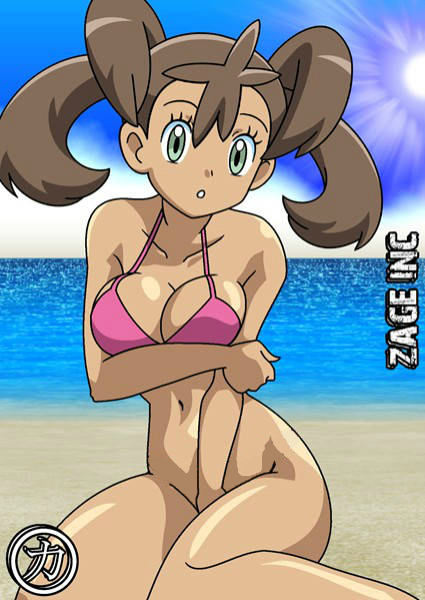 1girls beach bikini bottomless breasts brown_hair cleavage dark-skinned_female dark_skin edit exhibitionism female green_eyes human human_only kageta large_breasts looking_at_viewer midriff navel nintendo no_panties open_mouth photoshop pokemon pokemon_xy quad_tails sakaki_(artist) shauna_(pokemon) solo swimsuit tied_hair twintails