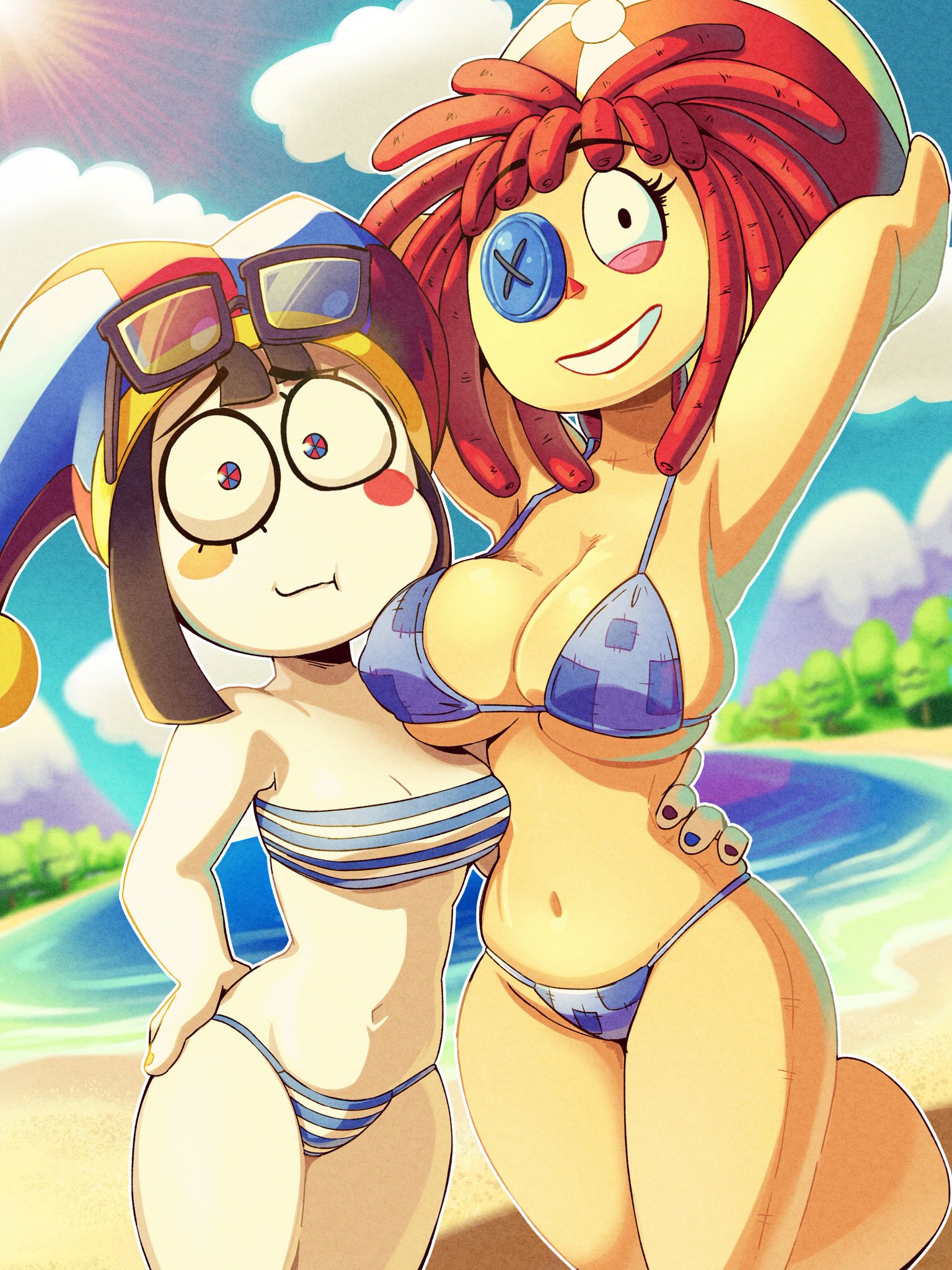 2girls, beach, big breasts, bikini, breast size difference, breasts, button eye, female only, glasses, glitch productions, hat, mrralf, patchwork clothes, pomni (beach outfit), pomni (the amazing digital circus), ragatha (beach outfit), ragatha (the amazing digital circus), striped bikini, swimsuit, the amazing digital circus