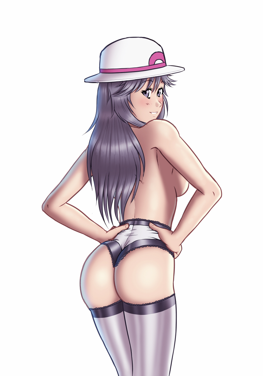 1girls, ass, breasts, brown eyes, brown hair, female, hands on hips, hat, human, human only, leaf (pokemon), long hair, looking at viewer, panties, pokemon, reptileye, sideboob, solo, stockings, topless
