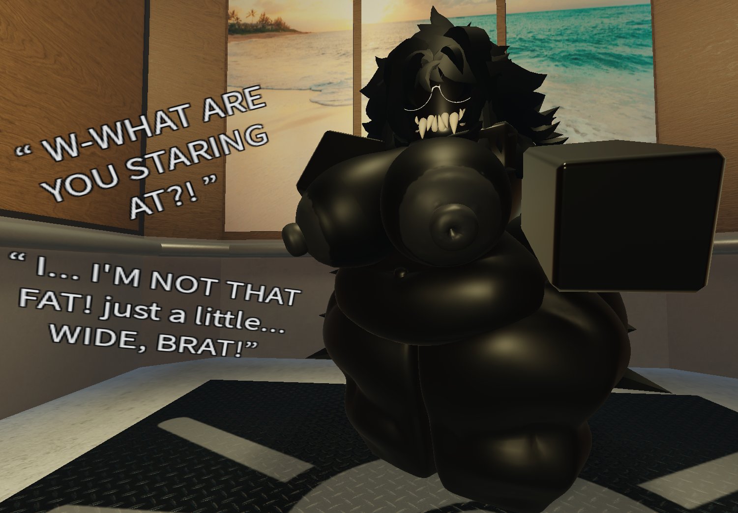 1girls, 3d, bive (regretevator), black fur, crazy female, dialogue, elevator, english text, more at source, naked, regretevator, roblox, roblox game, robloxian, tagme, tagme (artist), text