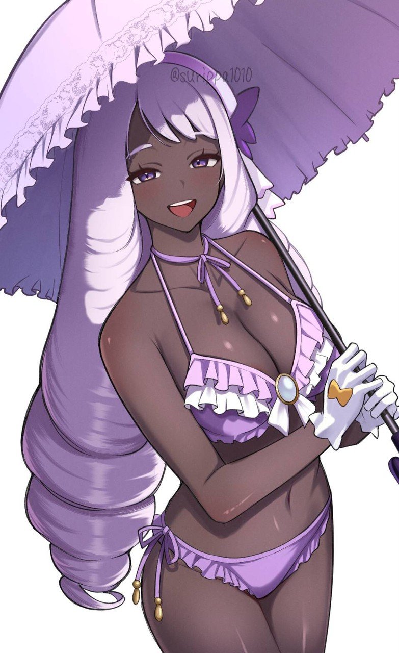 blush, curvy, dark-skinned female, holding parasol, jacinthe (pokemon), large breasts, parasol, pokemon, pokemon legends: z-a, smile, surippa1010, thick thighs, upper teeth, upper teeth only, very dark skin, wide hips, yukari (pokemon)