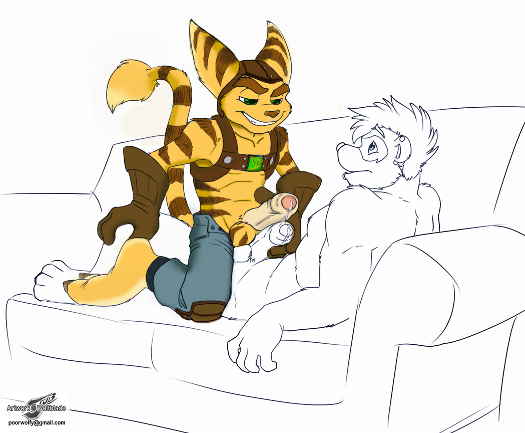 anthro balls balls_touching big_balls clothing cum duo ear_piercing emit erection facial_piercing gay lombax male male/male male_only monochrome_background nude penis piercing precum ratchet_(ratchet_and_clank) ratchet_and_clank sex sofa uncut video_games wolfblade yaoi