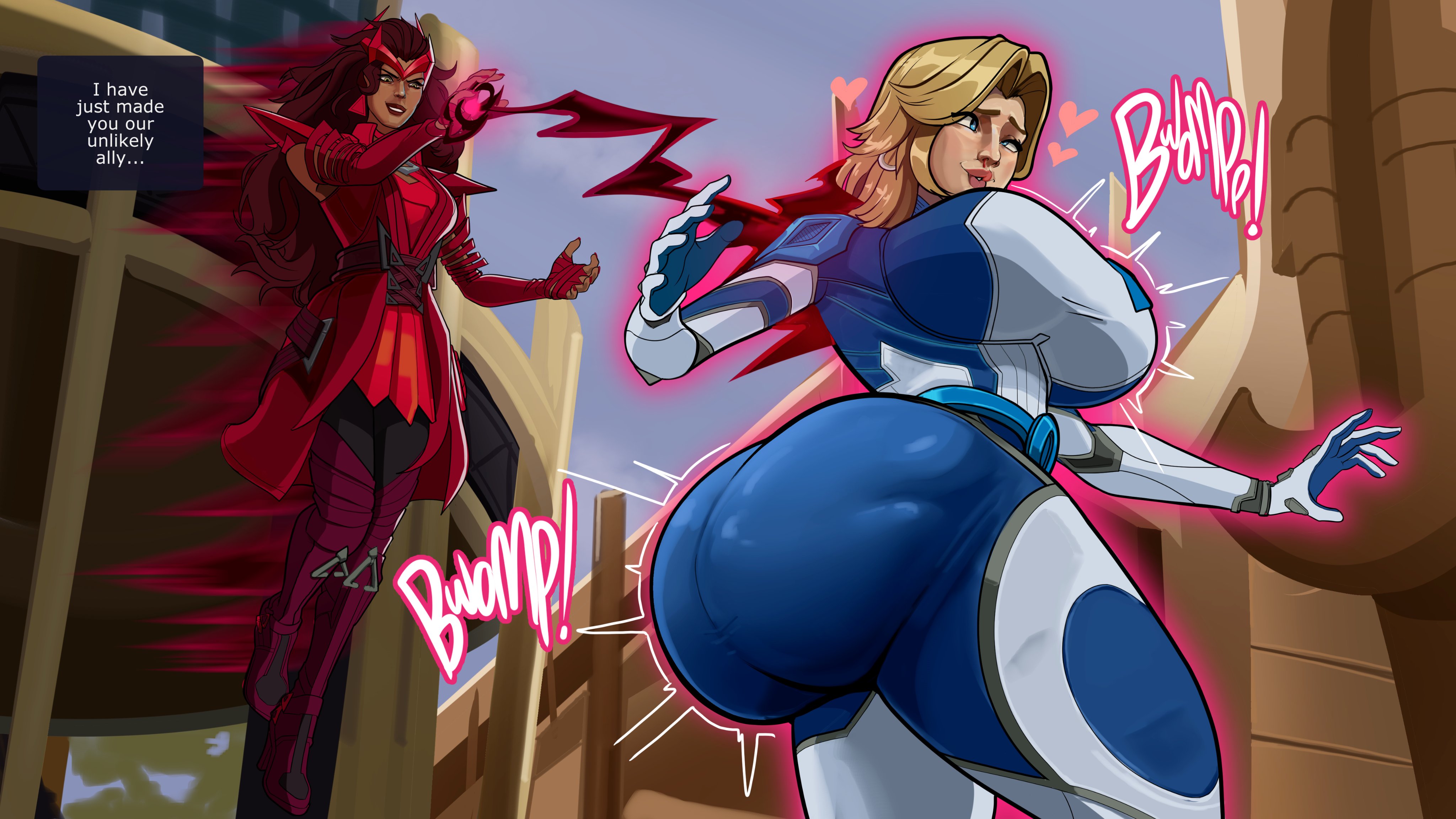 2d, 2girls, ass, ass expansion, big ass, big breasts, breast expansion, female, female only, huge ass, huge breasts, invisible woman, invisible woman (marvel rivals), lolotron, marvel, marvel rivals, scarlet witch, scarlet witch (marvel rivals), sue storm