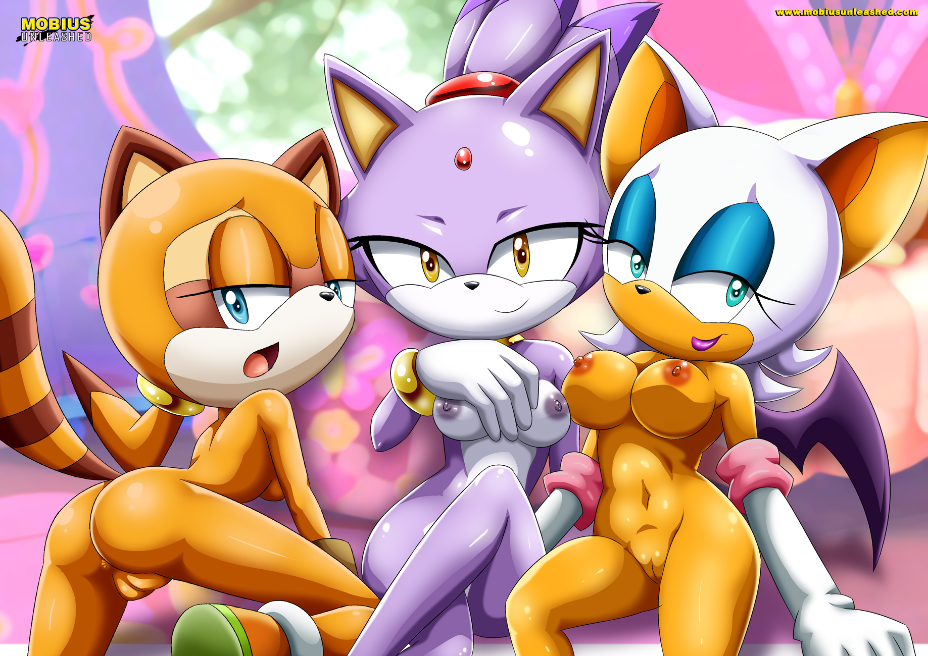 3girls, anthro, bat, bbmbbf, big breasts, blaze the cat, breasts, brown fur, domestic cat, feline, female, fur, furry, marine the raccoon, mobius unleashed, orange fur, palcomix, purple fur, purple hair, pussy, raccoon, rouge the bat, sega, sonic (series), sonic the hedgehog (series), tagme, vagina, white fur