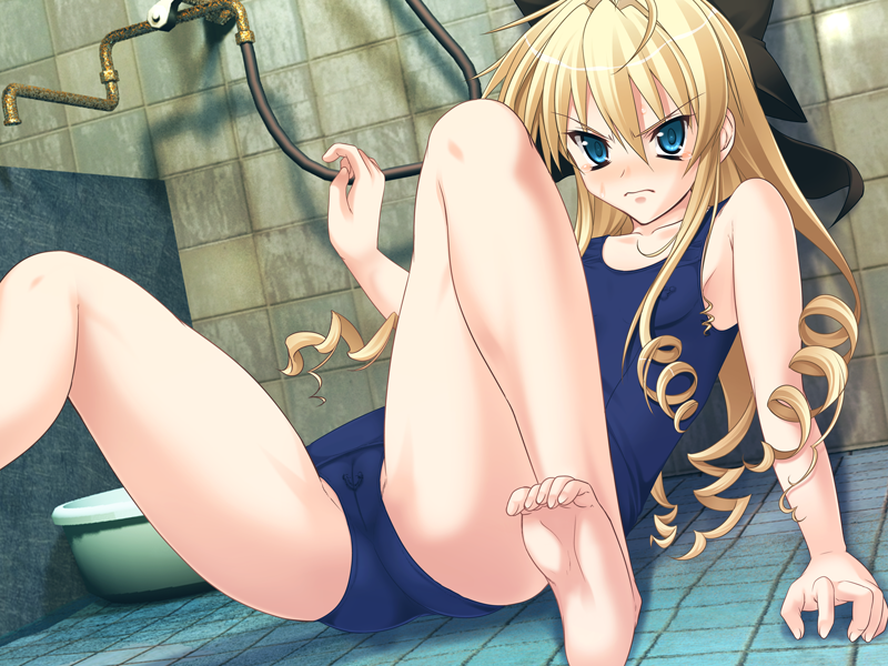 ahoge angry arm_support asaga_aoi asatsuki_shizuka bare_shoulders barefoot black_bow blonde_hair blue_swimsuit blush cameltoe casual_one-piece_swimsuit closed_mouth collarbone female frown game_cg hair_ornament hairbow junk_seeker long_hair looking_at_viewer nipple_piercing one-piece_swimsuit piercing pussy_piercing sitting solo spread_legs swimsuit tears