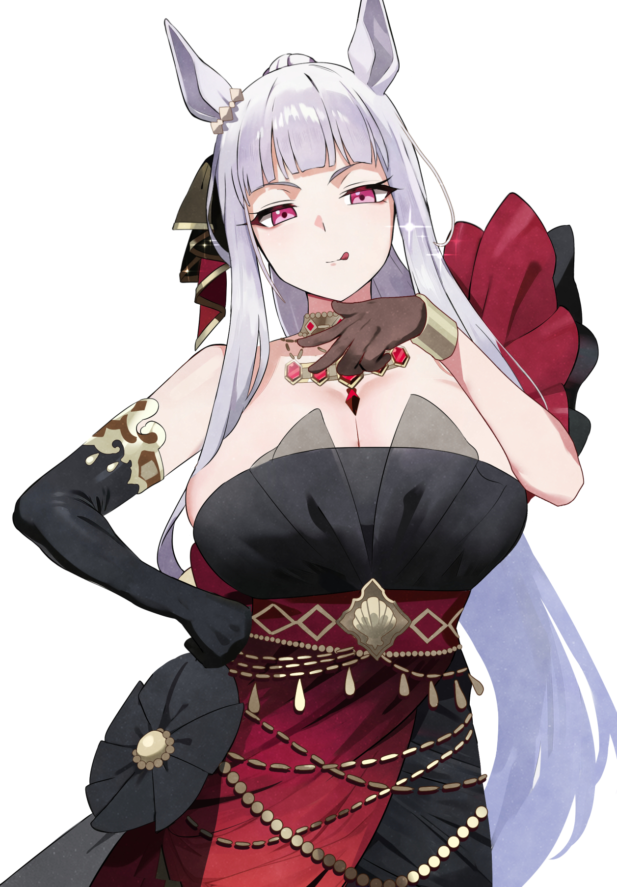 1girl, animal ears, bare shoulders, black dress, black gloves, blush, breasts, cleavage, commission, elbow gloves, gold ship (umamusume), grey hair, highres, horse ears, horse girl, long hair, looking at viewer, ponytail, purple eyes, simple background, smile, sylph kim, tongue, tongue out, umamusume, umamusume pretty derby