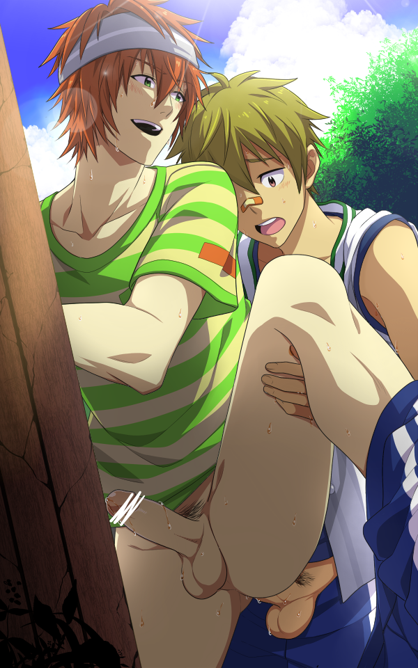 2boys against_wall akiyama_hayato anal ass ass_juice bandage bandaid body_hair bottomless censored erection green_eyes green_hair hair happy_sex headband hihumi idolmaster_side-m leg_lift male_only multiple_boys naughty_face open_mouth orange_hair outdoors penis pubic_hair public sex size_difference sky smile sweat teeth testicles tree wakazato_haruna yaoi