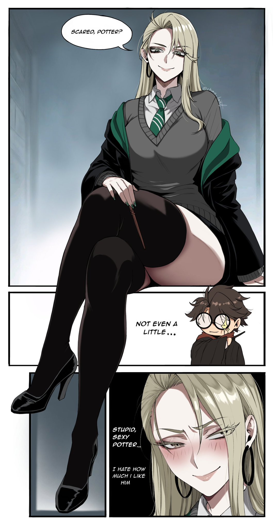 absolute territory, anime style, artist request, bangs, blonde female, blonde hair, blonde-haired female, blush, blushing, breasts bigger than head, child bearing hips, crossed legs, detailed background, draco malfoy, draco malfoy (redteneri), genderswap, green eyes, harry james potter, harry potter, heavy breasts, hourglass figure, hourglass figured female, in love, large breasts, legs crossed, long hair, looking at viewer, mature, mature body, mature figure, mature woman, open cloak, pantyhose, posing, posing for the viewer, school girl, school uniform, schoolgirl, schoolgirl uniform, sfw, skirt, slim waist, tagme, talking to partner, teasing, teasing partner, teasing viewer, text, text box, thick thighs, wide hips, zettai ryouiki