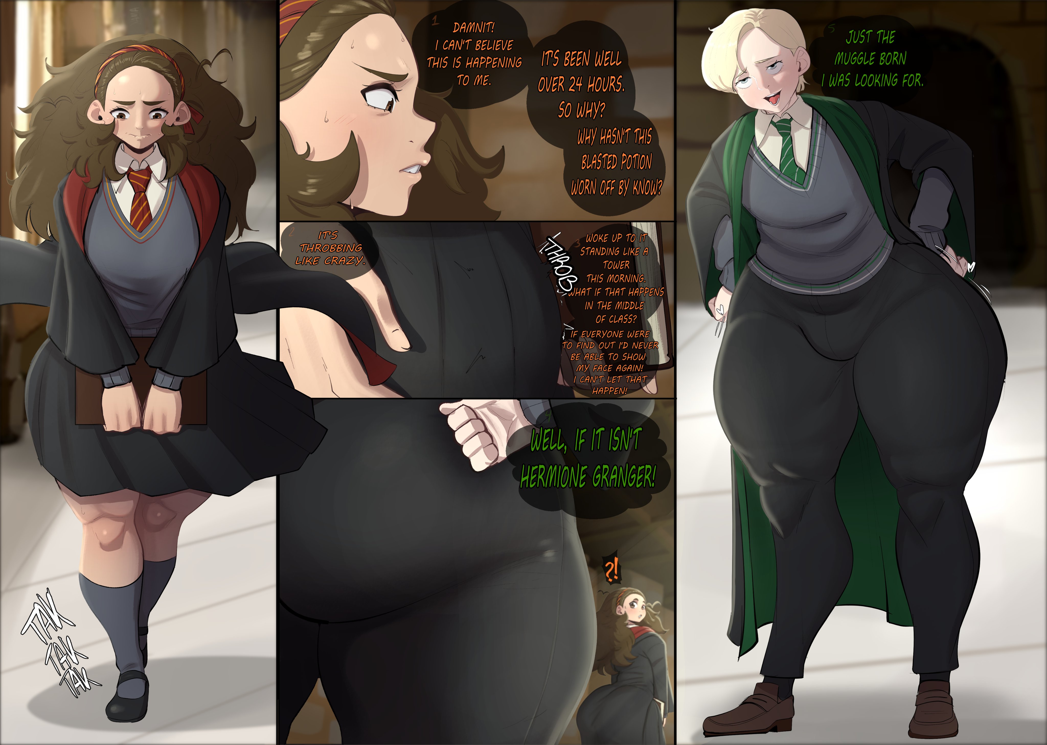 1boy, 1futa, 1futanari, 2026, 2d, 2d (artwork), absurd res, absurd resolution, absurdres, alternate ass size, alternate body type, ass, big ass, big butt, blonde hair, blonde-haired male, brown hair, buckteeth, butt, dialogue, draco malfoy, english, english dialogue, english text, forehead, frizzy hair, futanari, harry potter, hermione granger, male, text, wild hair, yamathegod