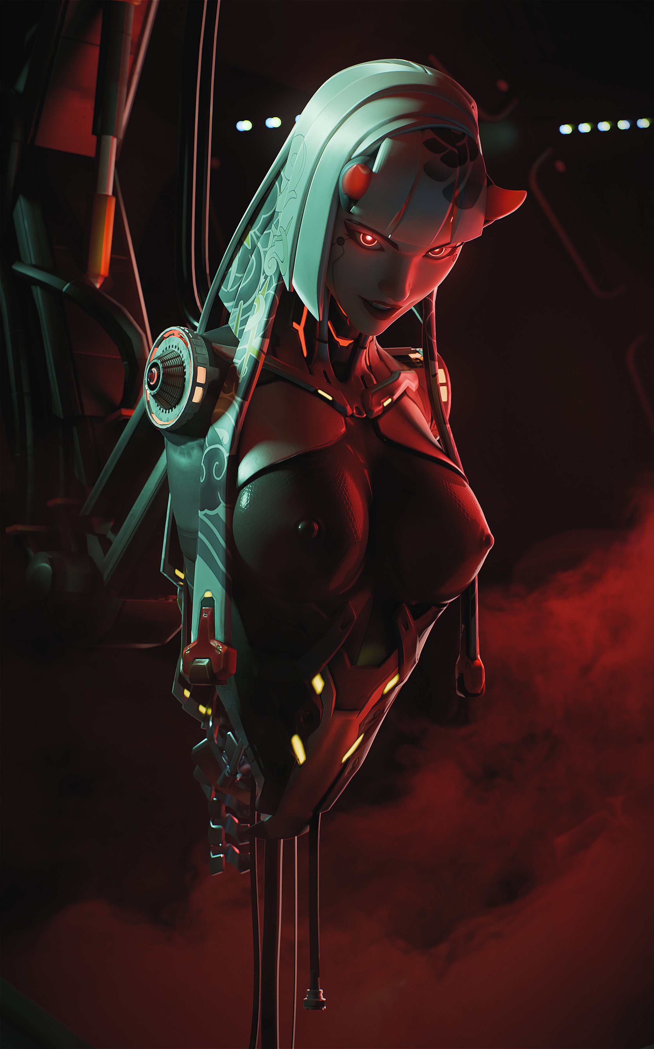 1girls, 2026, 3d, amputee, areolae, armless, assembly line, big breasts, breasts, cables, completely nude, detailed background, disassembled, evil grin, eyeliner, female, female only, front view, fugtrup, glowing eyes, horns, indoors, legless, lipstick, long hair, looking at viewer, mischevious, nipples, nude, nude female, omnic, overwatch, overwatch 2, red eyes, red horns, red lipstick, robot, robot girl, shion (overwatch), solo, textured skin, winged eyeliner