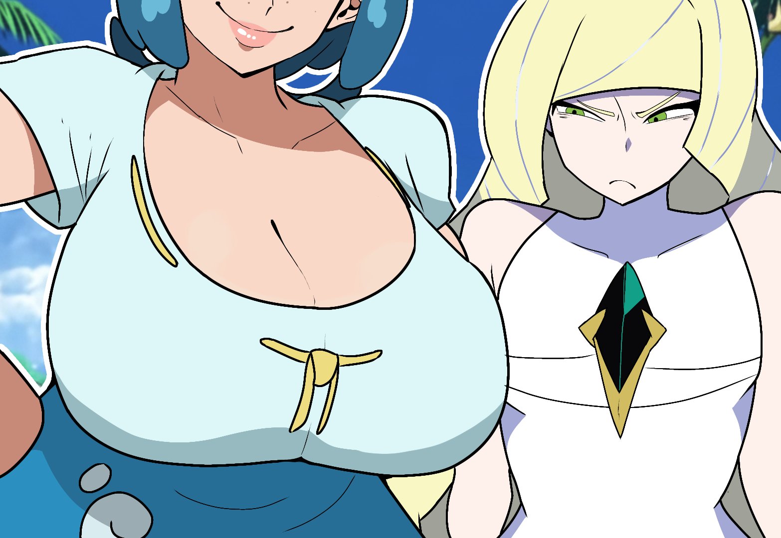 angry, angry expression, angry face, big breasts, blonde hair, blue hair, boobs, breast envy, breasts, cleavage, female, flat chest, flat chested, gigantic breasts, green eyes, hand on hip, huge boobs, huge breasts, jealous, lana's mother (pokemon), lanaposting, lips, lipstick, looking at another, looking at breasts, lusamine (pokemon), mature female, milf, nintendo, older female, pokemon, pokemon sm, staring at breasts, yellow hair