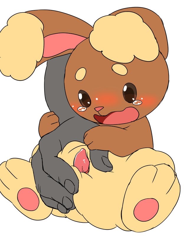 2016 ambiguous_gender big_ears blush buneary disembodied_hand edit erection flat_colors front_view grope human lagomorph male male/ambiguous mammal manmosu_marimo nintendo open_mouth penis pokemon simple_background sitting size_difference solo_focus spread_legs spreading tapering_penis tears video_games white_background wide_eyed