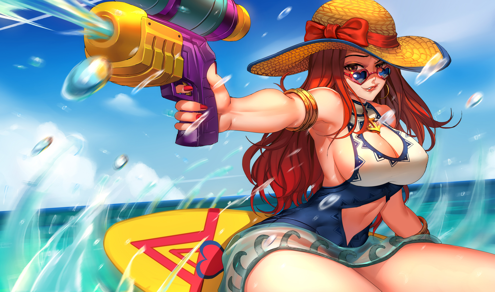 blue-tinted eyewear, female, league of legends, long hair, looking over eyewear, looking over glasses, looking over sunglasses, miss fortune, pd, pool party miss fortune, pool party series, red hair, sunglasses, tagme, tinted eyewear, watergun