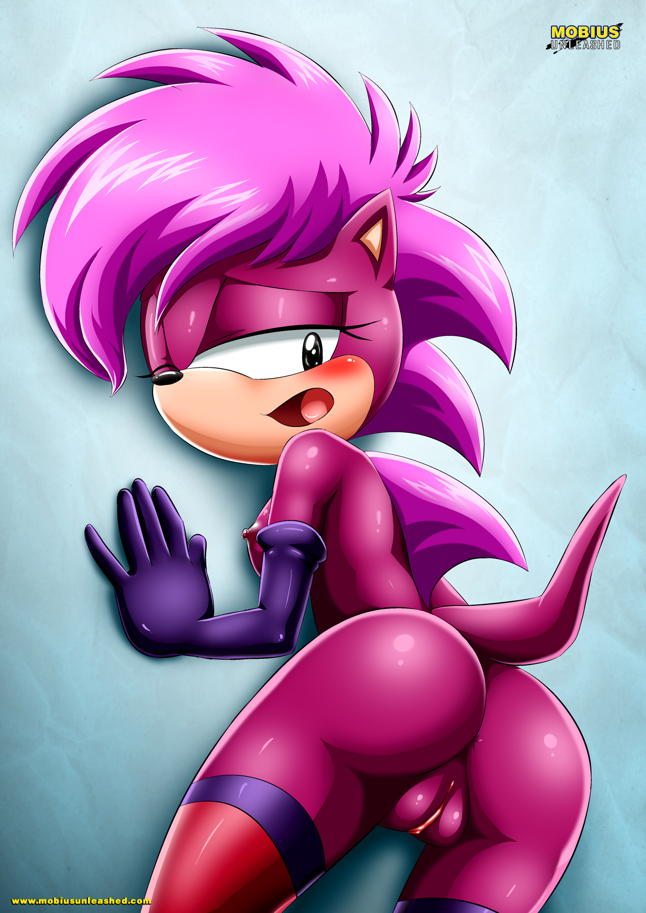 1girls, 5 fingers, anthro, areola, ass, bbmbbf, black eyes, blush, breasts, eulipotyphlan, female, female only, furry, gloves, hedgehog, legwear, looking at viewer, looking back, mobius unleashed, one eye closed, palcomix, pink hair, purple body, purple fur, pussy, sega, sideboob, solo, solo female, sonia the hedgehog, sonic (series), sonic the hedgehog (series), sonic underground, tagme, tail