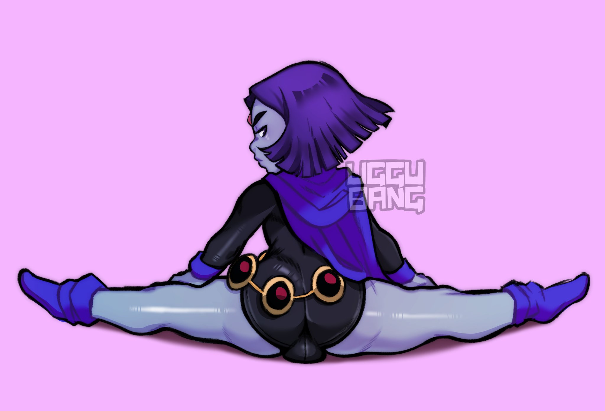 1boy, ass, backsack, balls, ballsack, belt, bulge, cape, clothed, clothing, dc, dc comics, femboy, footwear, genderswap, genderswap (ftm), girly, grey skin, looking back, male, male focus, male only, male raven, purple hair, raven (dc), rule 63, simple background, solo, splits, spread legs, tagme, teen titans, trap, uggu bang, yaoi