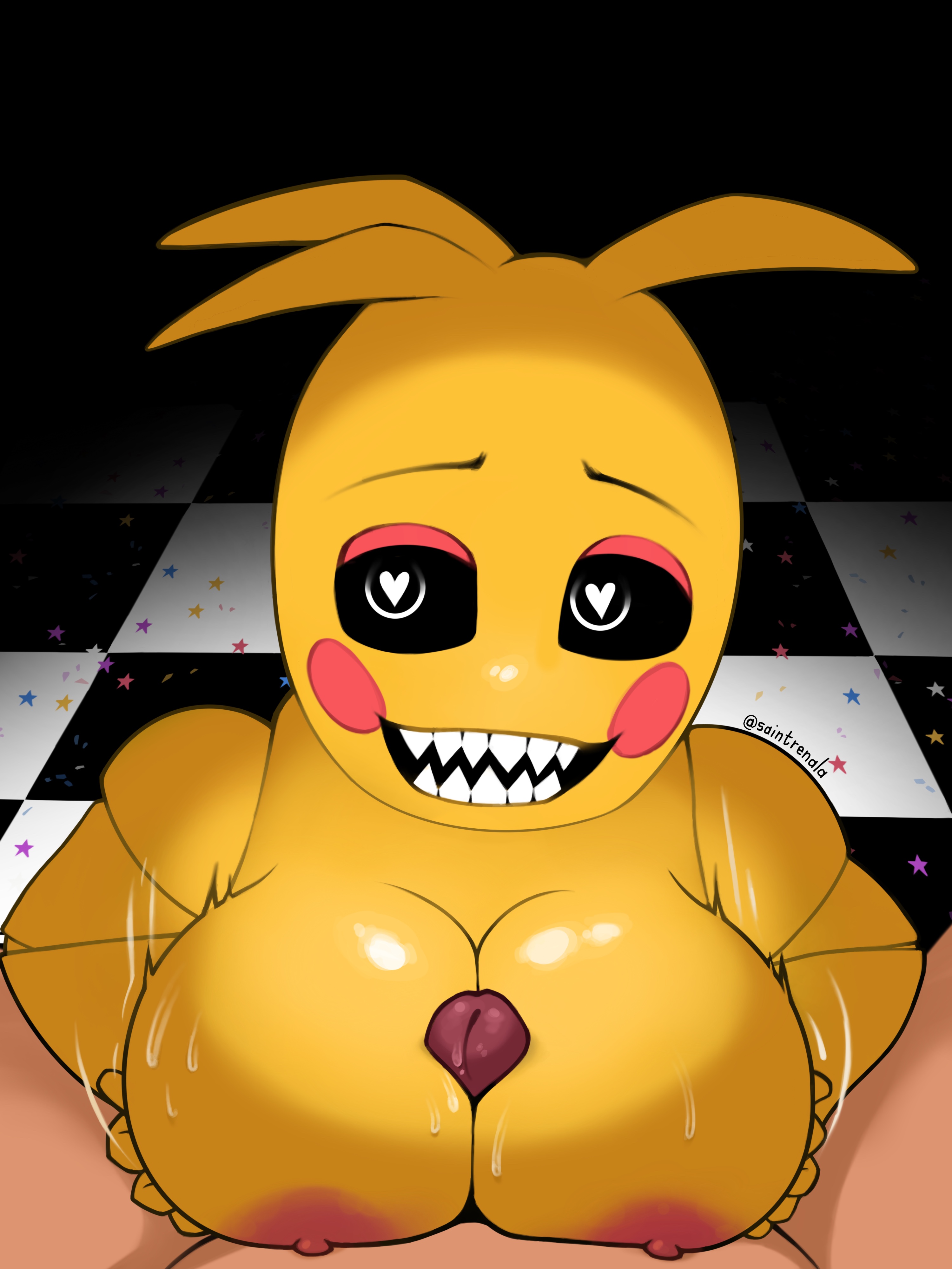 1boy, animatronic, big breasts, boobjob, breast squeeze, breasts, female, five nights at freddy's, fnaf, male, paizuri, pov, pov eye contact, robot, robot girl, saintrenala, smiling at viewer, straight, titjob, titjob pov, toy chica (fnaf), yellow body