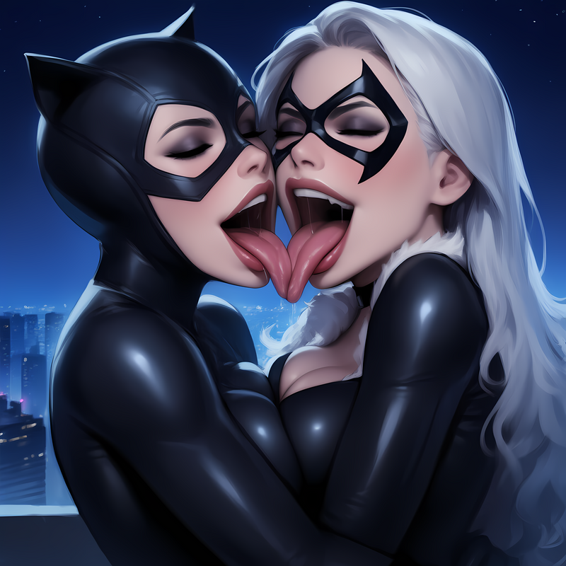 ai_generated black_cat_(marvel) catwoman dc dc_comics felicia_hardy kissing lesbian marvel marvel_comics selina_kyle tongue_kiss