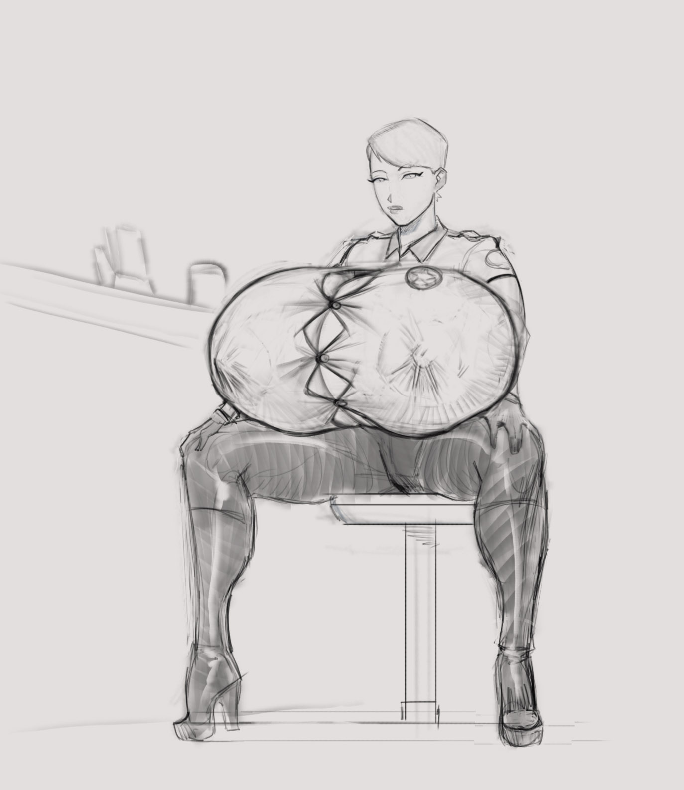 1girls, breasts, cop, cybil bennett, devil hs, female, gigantic breasts, high heels, hyper breasts, konami, police uniform, policewoman, silent hill, silent hill 1, solo, solo female
