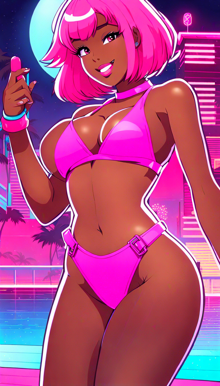 2025 ai_generated black_eyebrows blue_earrings brown_body brown_skin deviantart female_only holding_lipstick_tube looking_at_viewer meta pink_bikini pink_bracelets pink_eyes_female pink_eyeshadow pink_hair_female pink_lipstick pink_necklace pool_background short_hair_female smile_at_viewer smiling_at_viewer teeth_showing unknown_artist unknown_character