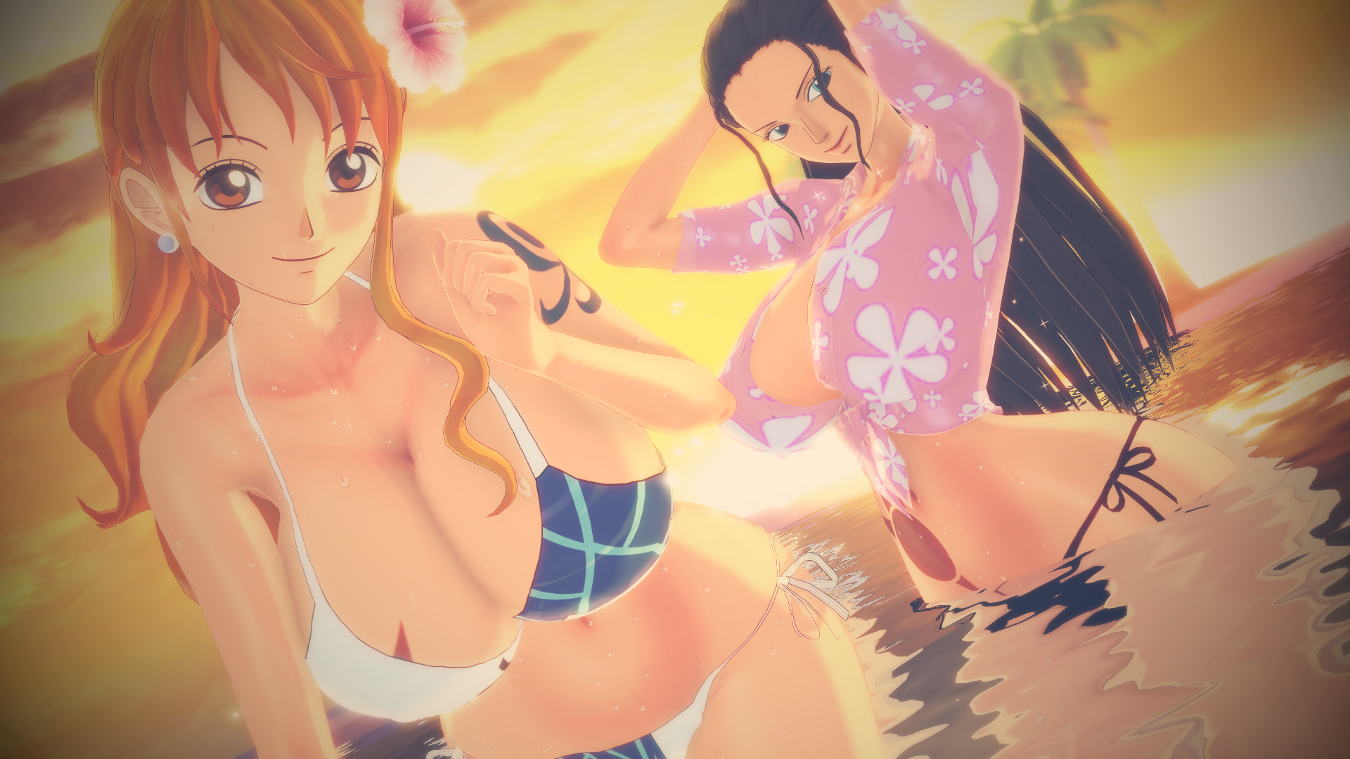 2girls, 3d, arcee80, beach, bikini, bikini bottom, cleavage, cropped shirt, female, female only, koikatsu, looking at viewer, nami (one piece), nico robin, one piece, one piece film gold, pov, shirt