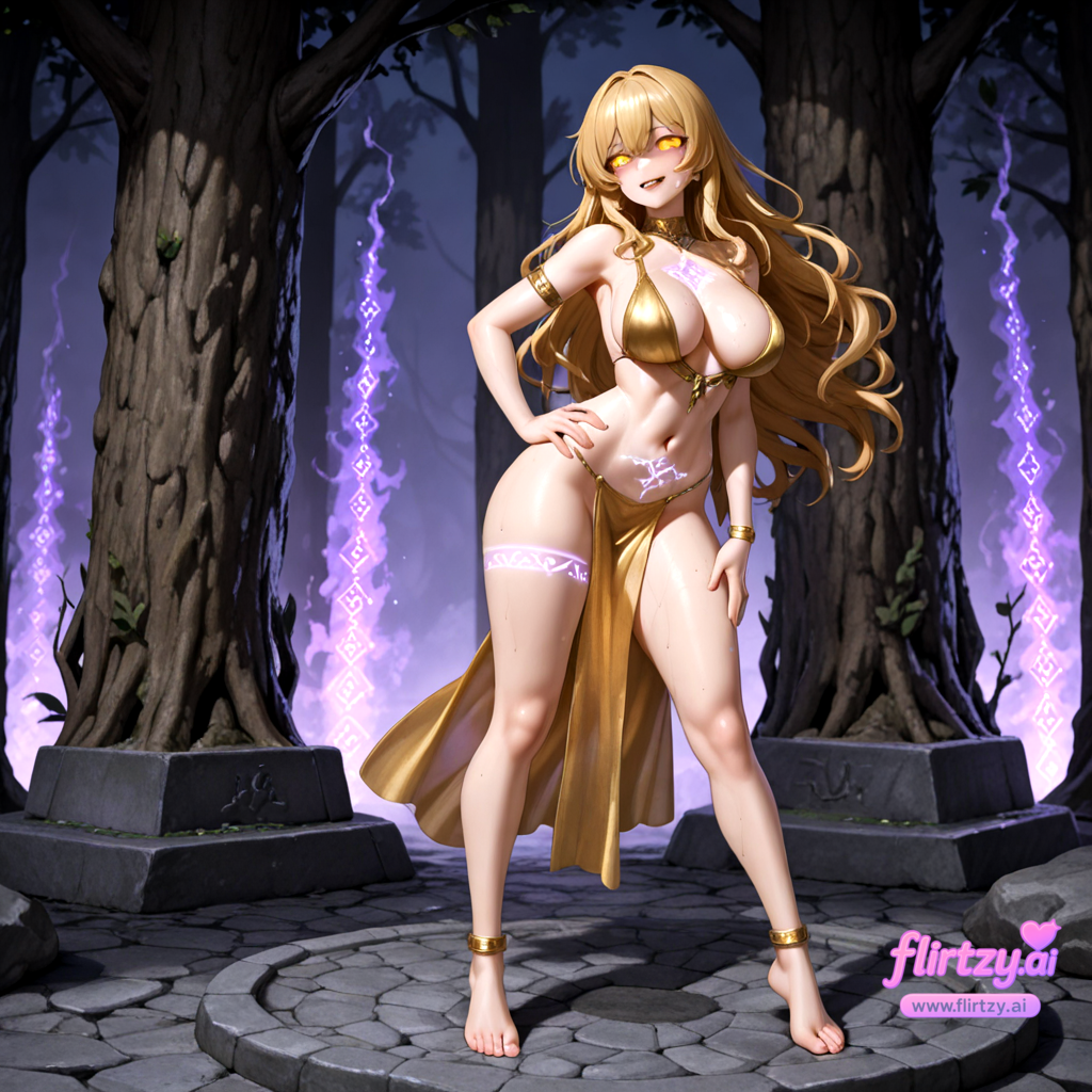 ai_assisted ai_generated anklet arm_tattoo armlet bangle bare_shoulders bare_tree barefoot blonde_hair body_writing bracelet branch breast_tattoo breasts brick_wall bush cave chest_tattoo female flirtzy.ai forest graveyard hand_on_hip heart_tattoo jewelry large_breasts leg_tattoo loincloth long_hair looking_at_viewer moon nature navel night no_panties open_mouth outdoors pelvic_curtain pubic_tattoo revealing_clothes rock shoulder_tattoo smile solo standing stone_lantern stone_wall tattoo tree tree_shade tribal yellow_eyes