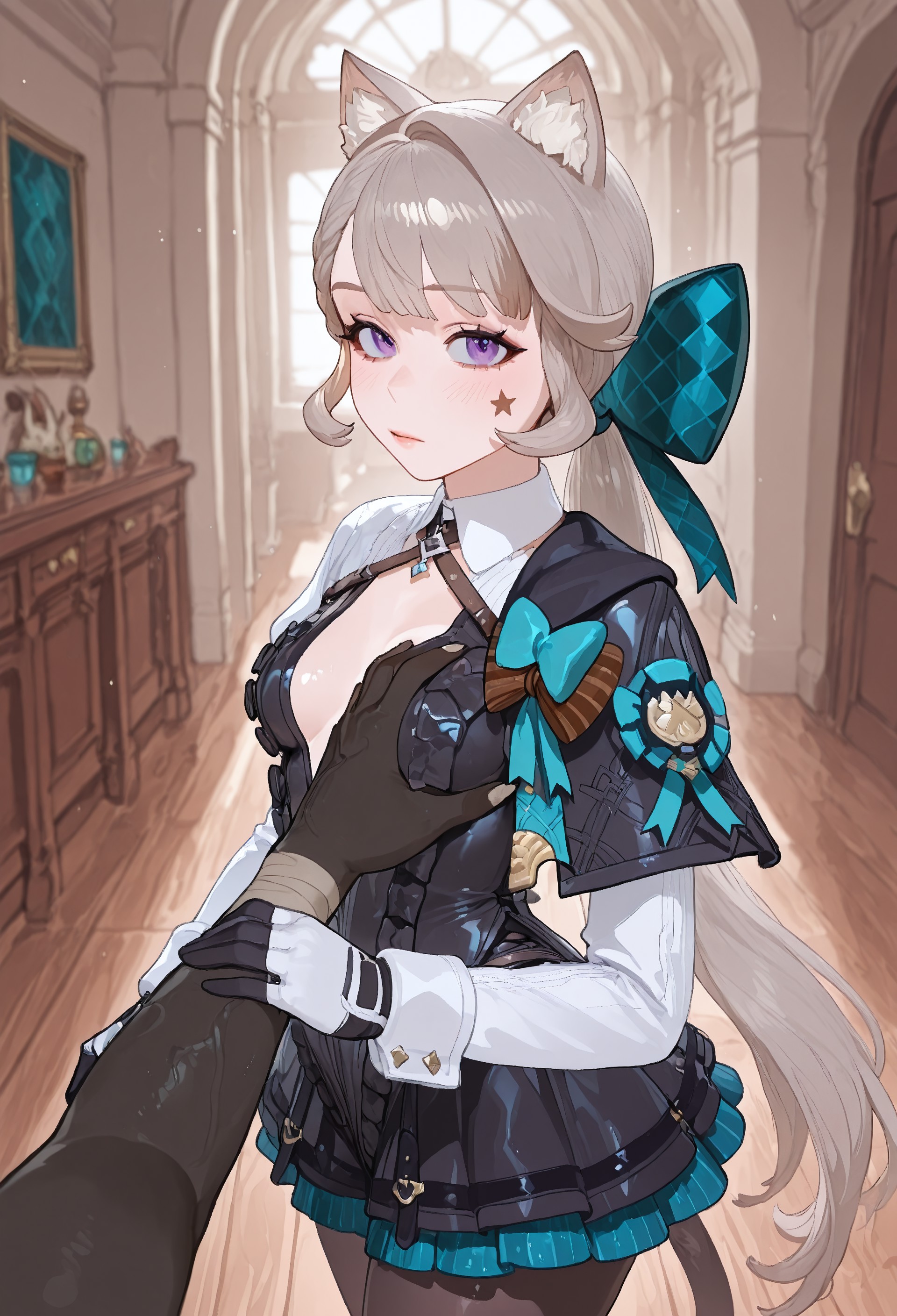 1boy, 1girls, 5bxb, ai generated, breasts, cat ears, cat tail, clothed, clothing, dark-skinned male, duo, female, genshin impact, gloves, grey hair, groping breasts, guided breast grab, hand on breast, hilichurls (species), indoors, looking at viewer, lynette (genshin impact), male, male pov, pov, purple eyes, shorts, star (symbol)