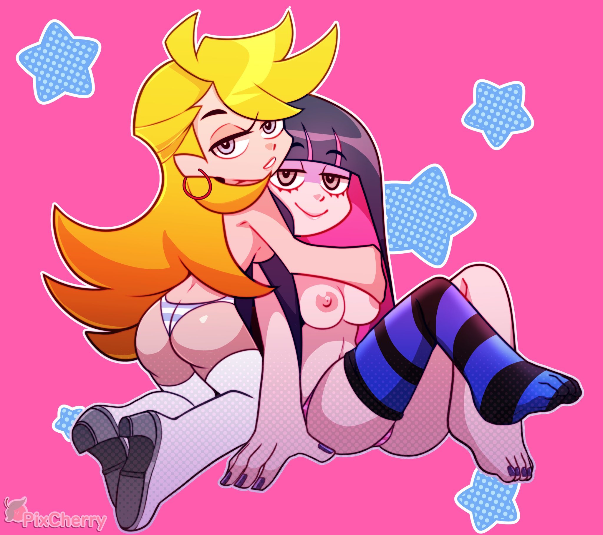 2girls, areolae, blonde hair, breasts, cherrypix, colored inner hair, earrings, female, female only, hoop earrings, light skin, light-skinned female, long hair, nail polish, nipples, nude, one stocking, panties, panty & stocking with garterbelt, panty anarchy, pink hair, pixcherry, purple hair, stocking anarchy, stockings, striped stockings, thigh boots, toenail polish