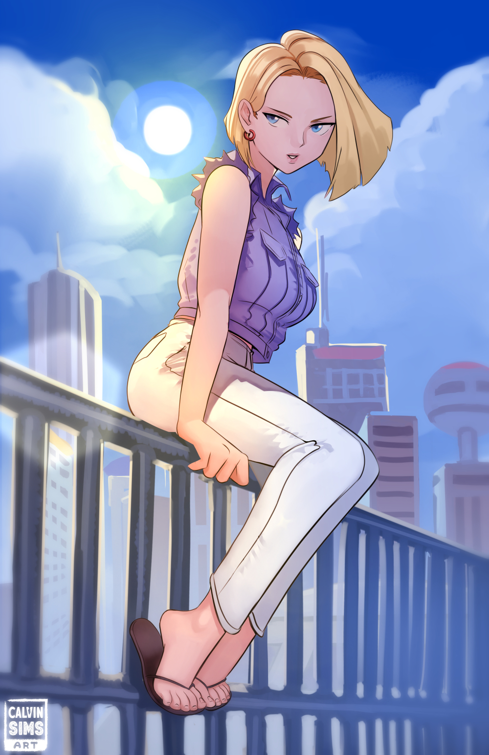 android 18, bare shoulders, blonde hair, blue eyes, calvinsimsart, denim jacket, dragon ball, dragon ball z, earrings, feet, flip flops, parted lips, toenails, toes, torn sleeves, white pants