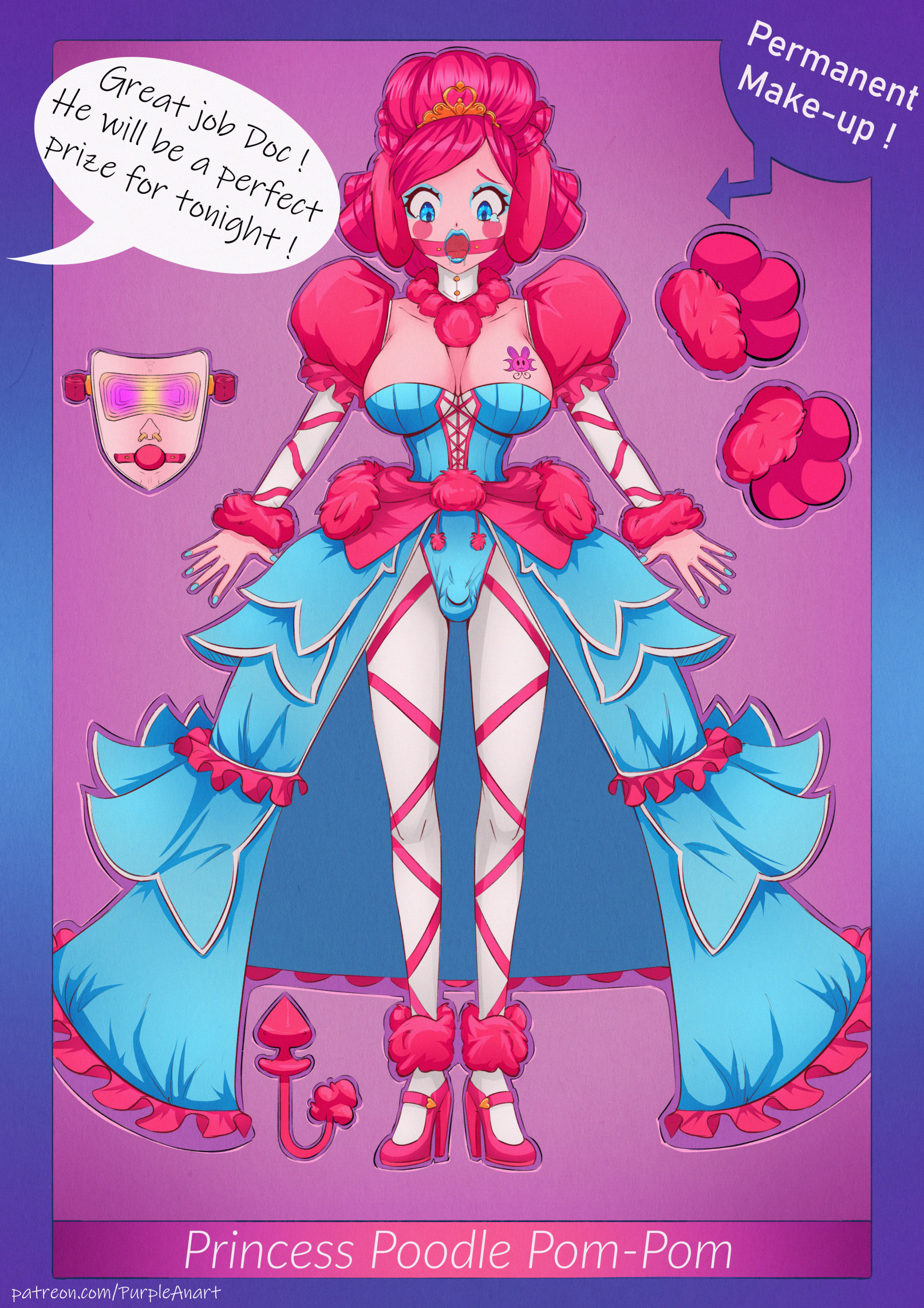 1femboy, after transformation, blue dress, blue eyes, blue eyeshadow, blue fingernails, blue lips, blue lipstick, blue nail polish, blue nails, breasts, buldge, buttplug, buttplug tail, choker, cleavage, dialogue, dialogue box, dialogue bubble, doll, dollification, dress, encasement, english, english dialogue, english text, fake breasts, feminization, fingernails, frilled dress, frills, gag, gagged, high heels, large buttplug, lips, lipstick, looking down, male, mask, nail polish, nailpolish, nails, nails painted, offscreen character, open mouth, open mouth gag, original character, packaged, paw gloves, penis, penis bulge, permanent, permanent transformation, pink buttplug, pink hair, pink high heels, post-transformation, princess, puffy sleeves, purpleanart, rosy cheeks, saliva, sissification, sissy, sissyfication, small penis, speech bubble, tattoo, tattoo on breast, tiara, transformation, white legwear, white pantyhose, white stockings