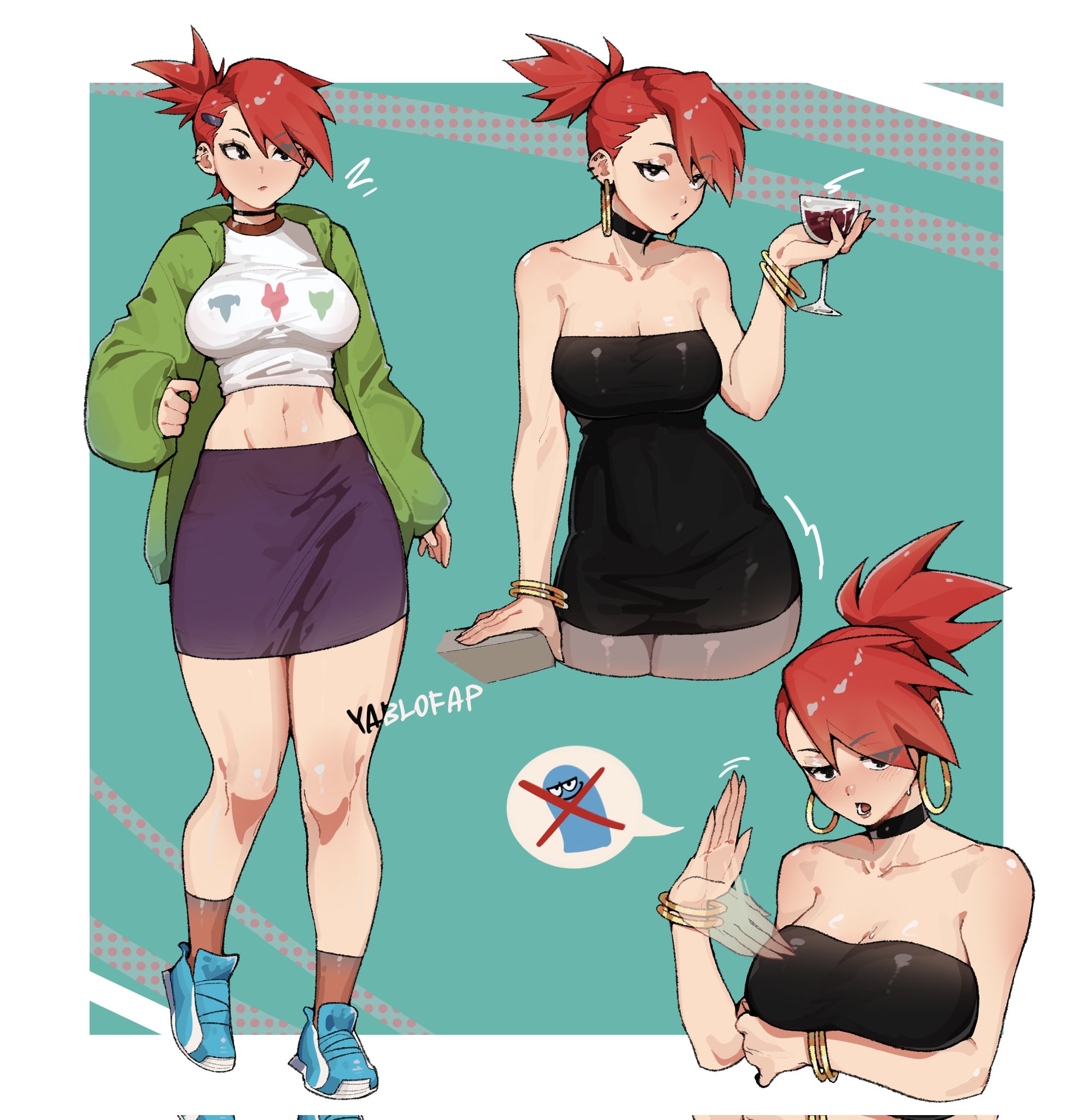 1girls, 2025, 2d, 2d (artwork), alcohol, alohapz, artist name, bare shoulders, black choker, black dress, black eyes, black skirt, bloo, blooregard q kazoo, blue shoes, bracelet, breasts, choker, cleavage, crop top, cropped shirt, cup, dress, drinking glass, ear piercing, earrings, fanning face, fanning self, female, female only, foster's home for imaginary friends, frankie foster, frankie foster (black dress), full body, green hoodie, green jacket, highres, holding, holding cup, hood, hoodie, hoop earrings, human, human only, jacket, jewelry, large breasts, multiple views, navel, open clothes, open jacket, open mouth, pantyhose, pencil skirt, piercing, ponytail, questionable, realistic proportions, red hair, shirt, shoes, signature, skirt, sneakers, socks, solo, solo female, standing, stomach, teal background, teeth, thick thighs, thighs, tight clothes, tight dress, white border, white shirt, wide hips, wine, wine glass, yablofap