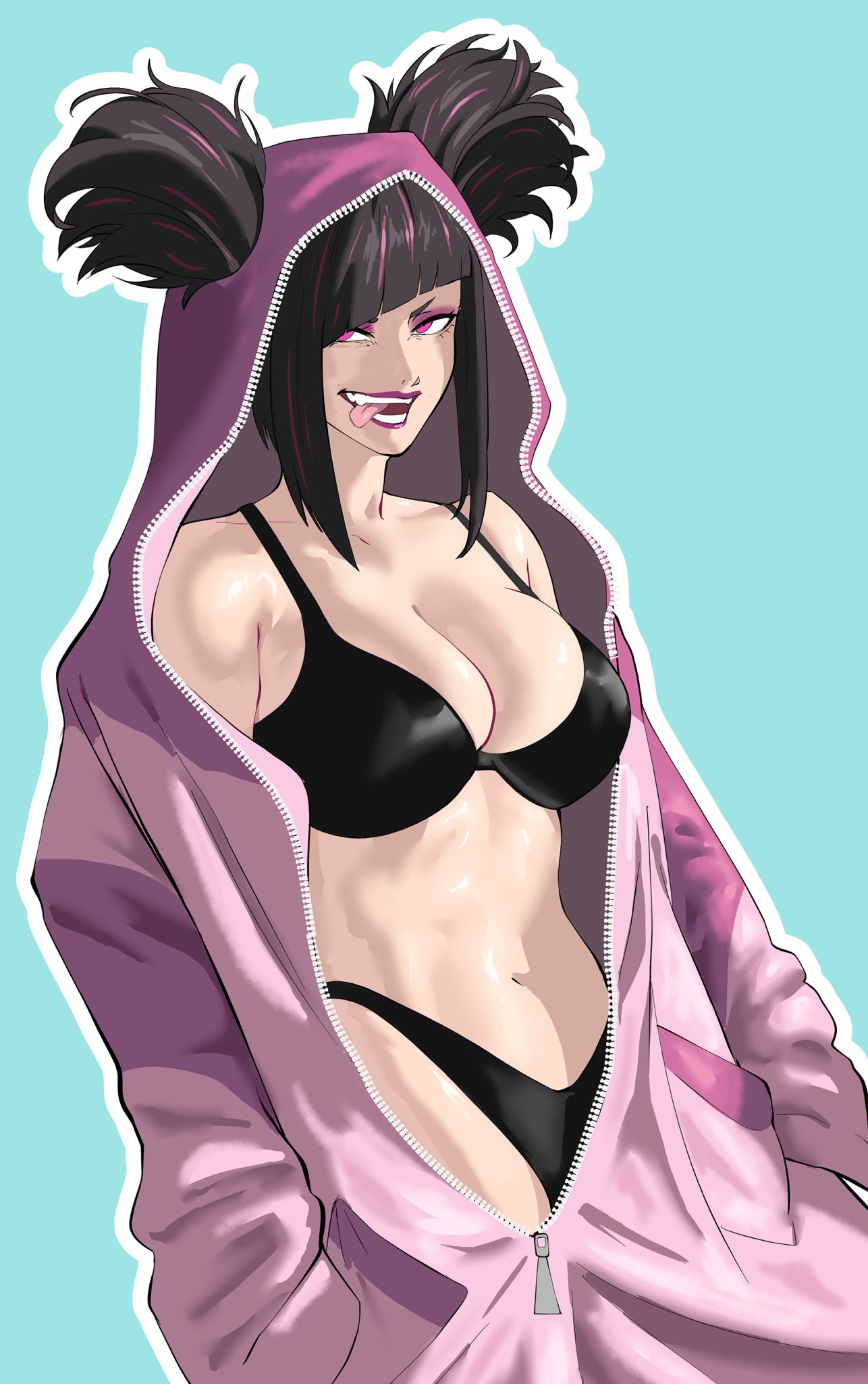 1girls, bra, breasts, clothing, female, female only, juri han, looking at viewer, octavius dp, open clothes, pajamas, panties, pink hair, solo, street fighter, street fighter 6, thick thighs, tongue, tongue out, wide hips