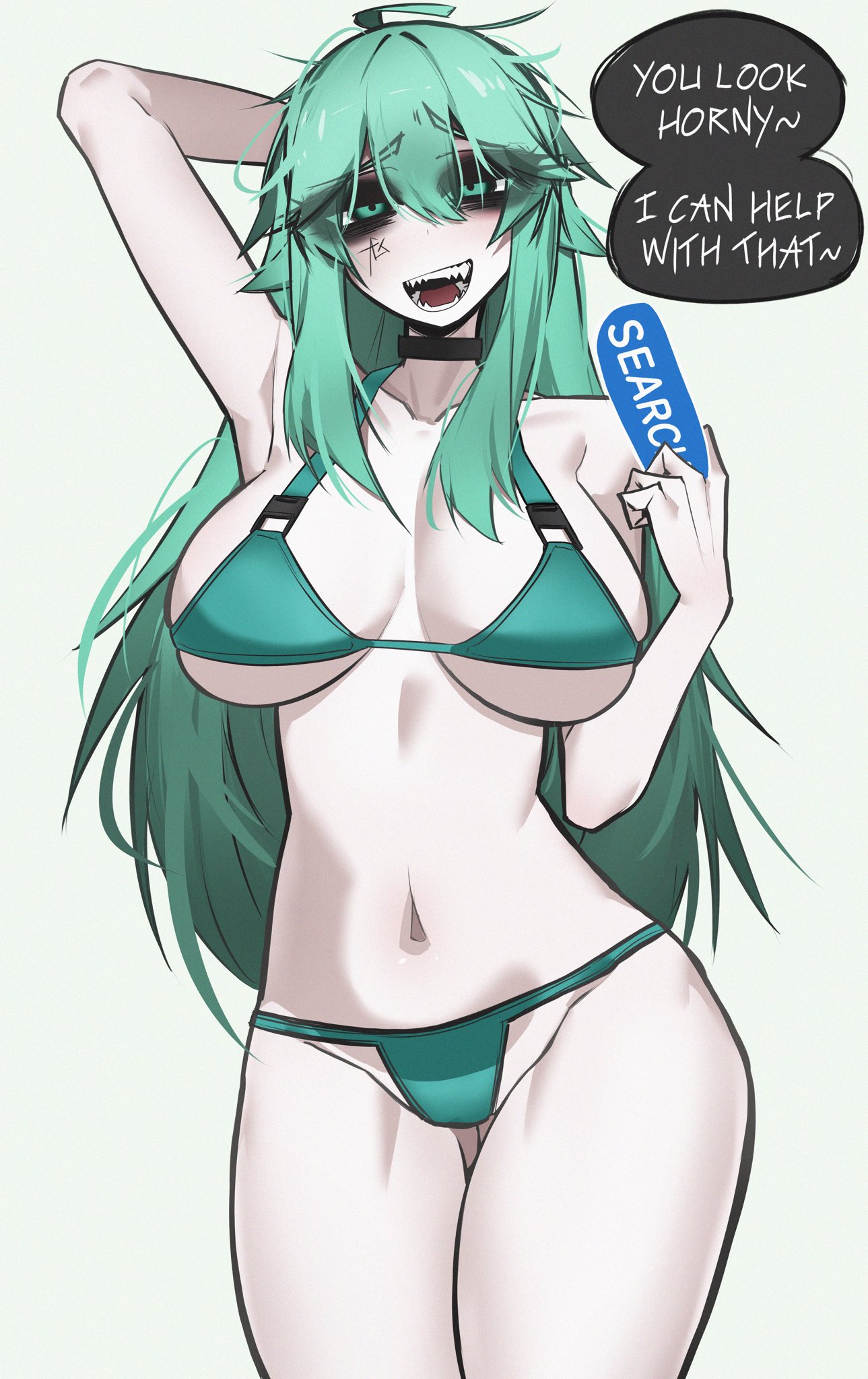 1girls, ahoge, barefoot, breasts, cleavage, female, female only, glitchace, green bikini, green bra, green eyes, green hair, green panties, hair down, long hair, long-haired female, navel, rule 34, rule 34-tan, rule34.xxx, sharp teeth, solo, talking to viewer, underwear, white skin
