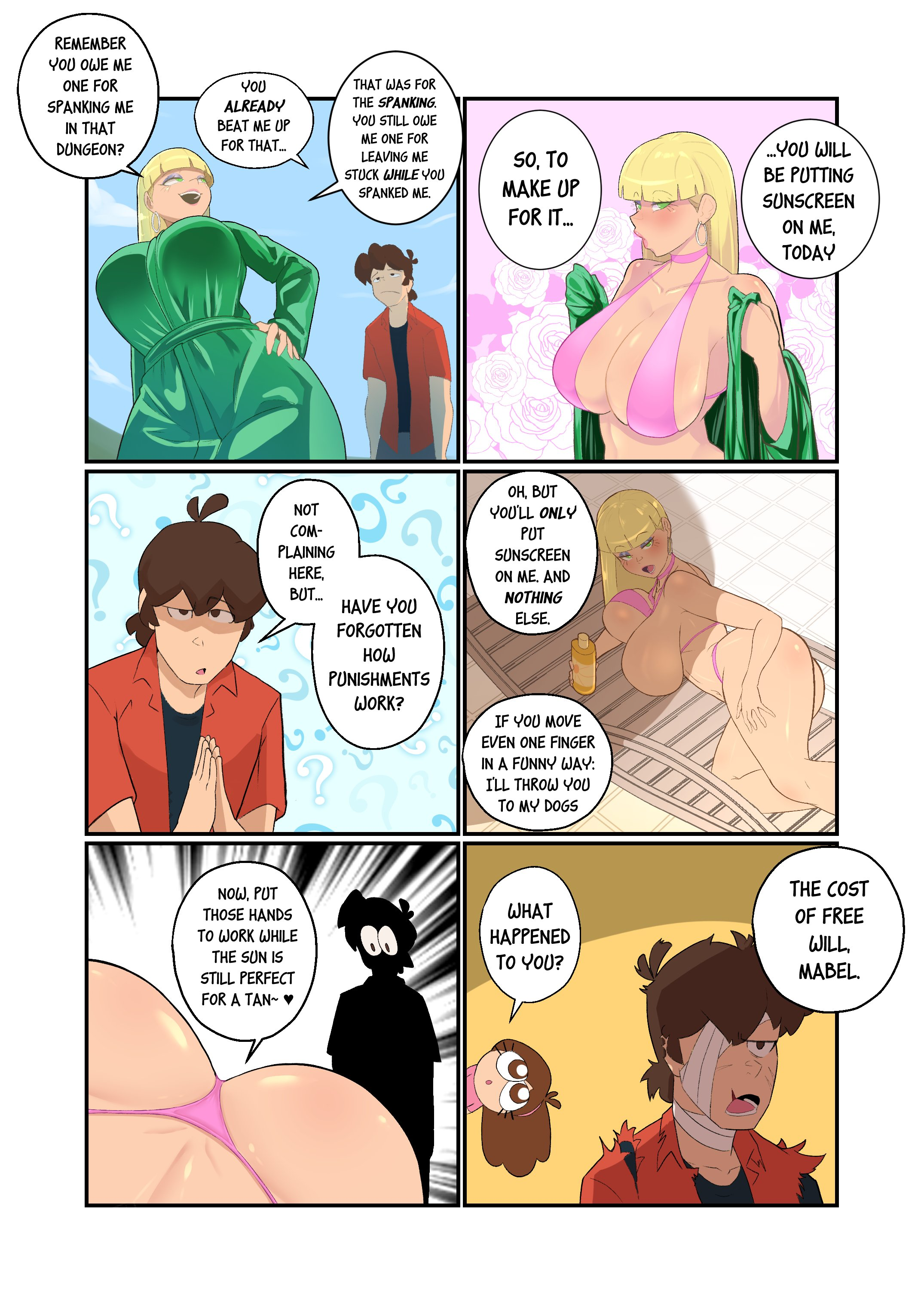 1boy, 2girls, 6koma, ass, banjabu, beach, big breasts, bikini, blonde female, blonde hair, blonde-haired female, breasts, brown hair, brown-haired female, brown-haired male, coat, comic, curvaceous, curvy, curvy female, curvy figure, denial, dipcifica, dipper pines, english dialogue, english text, female, funny, gravity falls, green coat, hourglass figure, huge breasts, just fuck already, mabel pines, male, meme, pacifica northwest, panties, pink bikini, pink thong, seducing, seductive, seductive look, seductive pose, seductive smile, spanking, speech bubble, sunbathing, sunscreen, teasing, thong
