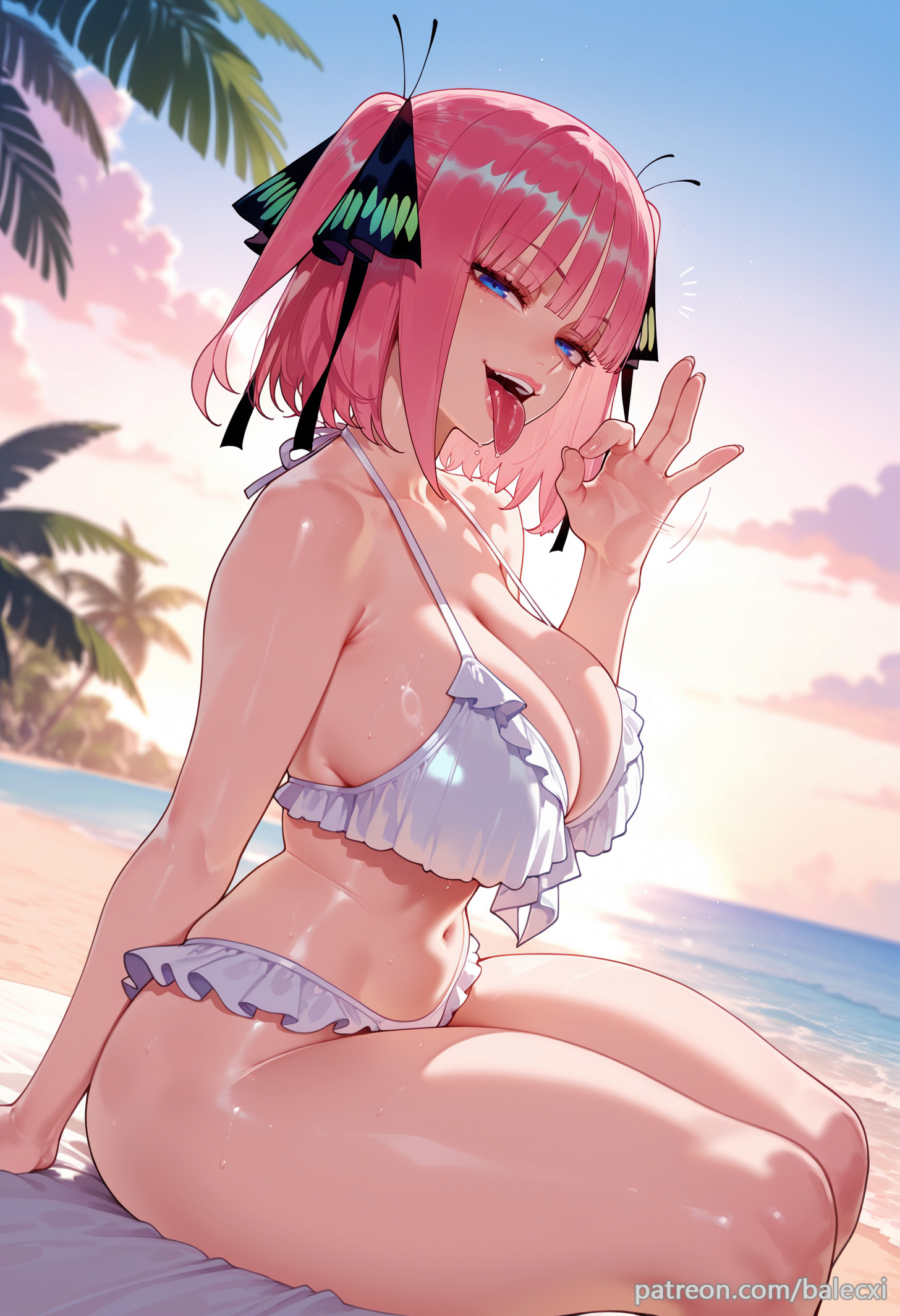 ai generated, balecxi, beach, blue eyes, blunt bangs, breasts, butterfly hair ornament, cleavage, fellatio gesture, female, frilled bikini, frills, go-toubun no hanayome, hair ornament, large breasts, looking at viewer, nakano nino, naughty face, navel, open mouth, outdoors, pink hair, short hair, sitting, solo, swimsuit, teeth, thick thighs, tongue, tongue out, two side up, white bikini
