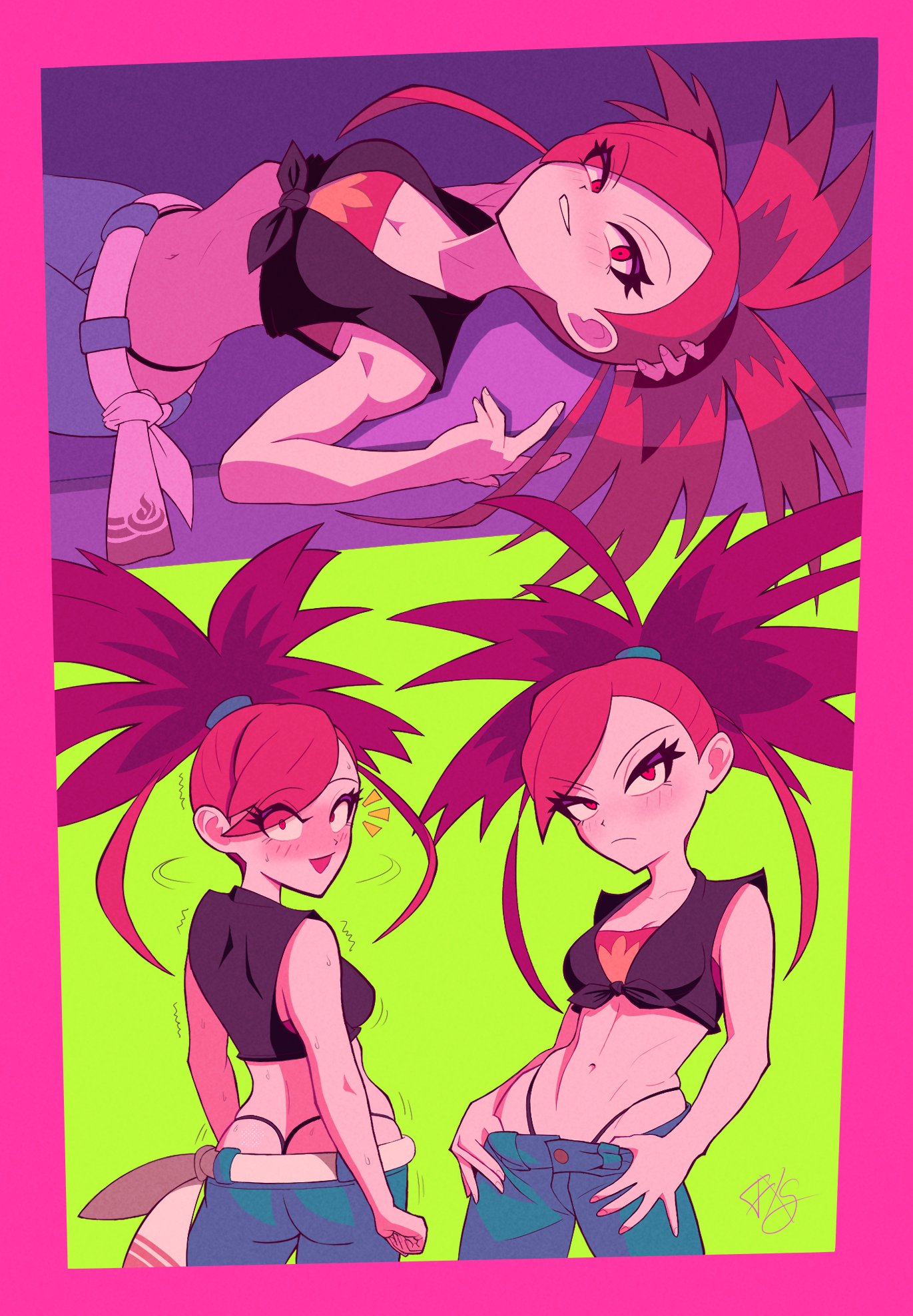 1girls, arm behind head, artist name, ass, big hair, blush, breasts, cleavage, commission, crop top, denim, female, female only, flannery (pokemon oras), flannery (pokemon), frankgallaxx, green background, gym leader, hand on own hip, highres, jeans, looking back, lying, medium breasts, midriff, navel, nintendo, open mouth, outline, pants, panty straps, pink outline, pixiv commission, pokemon, pokemon oras, purple background, red eyes, red hair, smile, surprised, sweat, thong, whale tail (clothing)