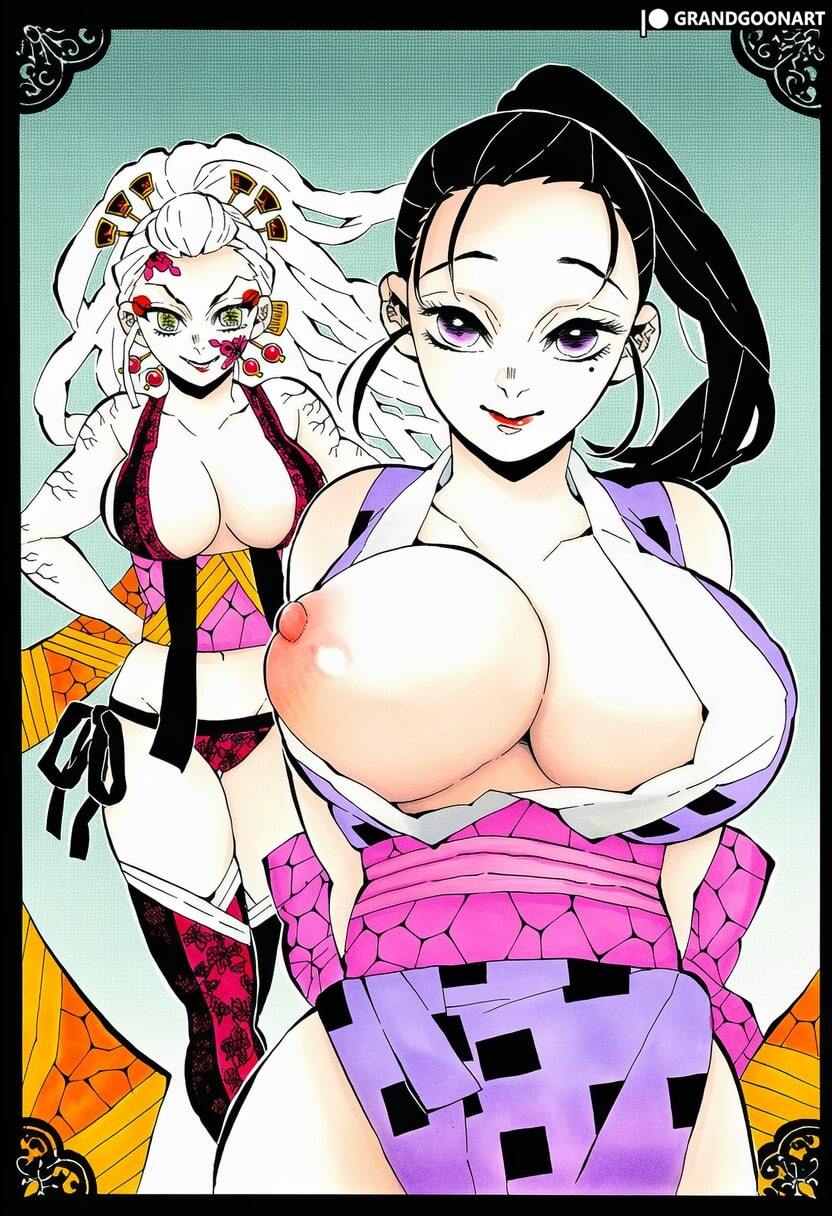 2girls, accurate art style, ai generated, areolae, bare thighs, black hair, breasts out, daki (kimetsu no yaiba), demon slayer, gigantic breasts, grandgoonart, green eyes, hinatsuru (kimetsu no yaiba), huge areolae, huge breasts, huge nipples, huge thighs, kimetsu no yaiba, kunoichi, light skin, light-skinned female, long hair, looking at viewer, massive breasts, multicolored hair, nipples, oni, oni female, panties, ponytail, puffy nipples, purple eyes, shounen jump, smiling, thick body, thick female, thick thighs, thighs, voluptuous, voluptuous female, white hair