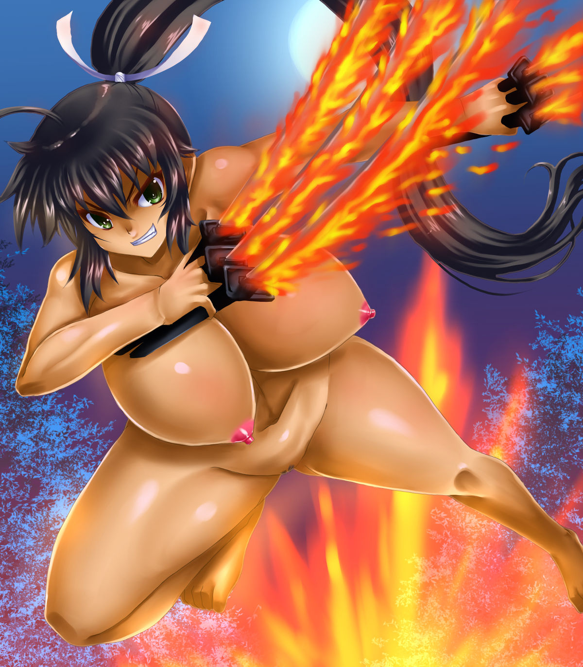 artist_request barefoot black_hair breasts dark_skin female green_eyes hair_ribbon homura_(senran_kagura) large_breasts marvelous ninjatou nipples nude ponytail pubic_hair senran_kagura skirt tied_hair uncensored weapon