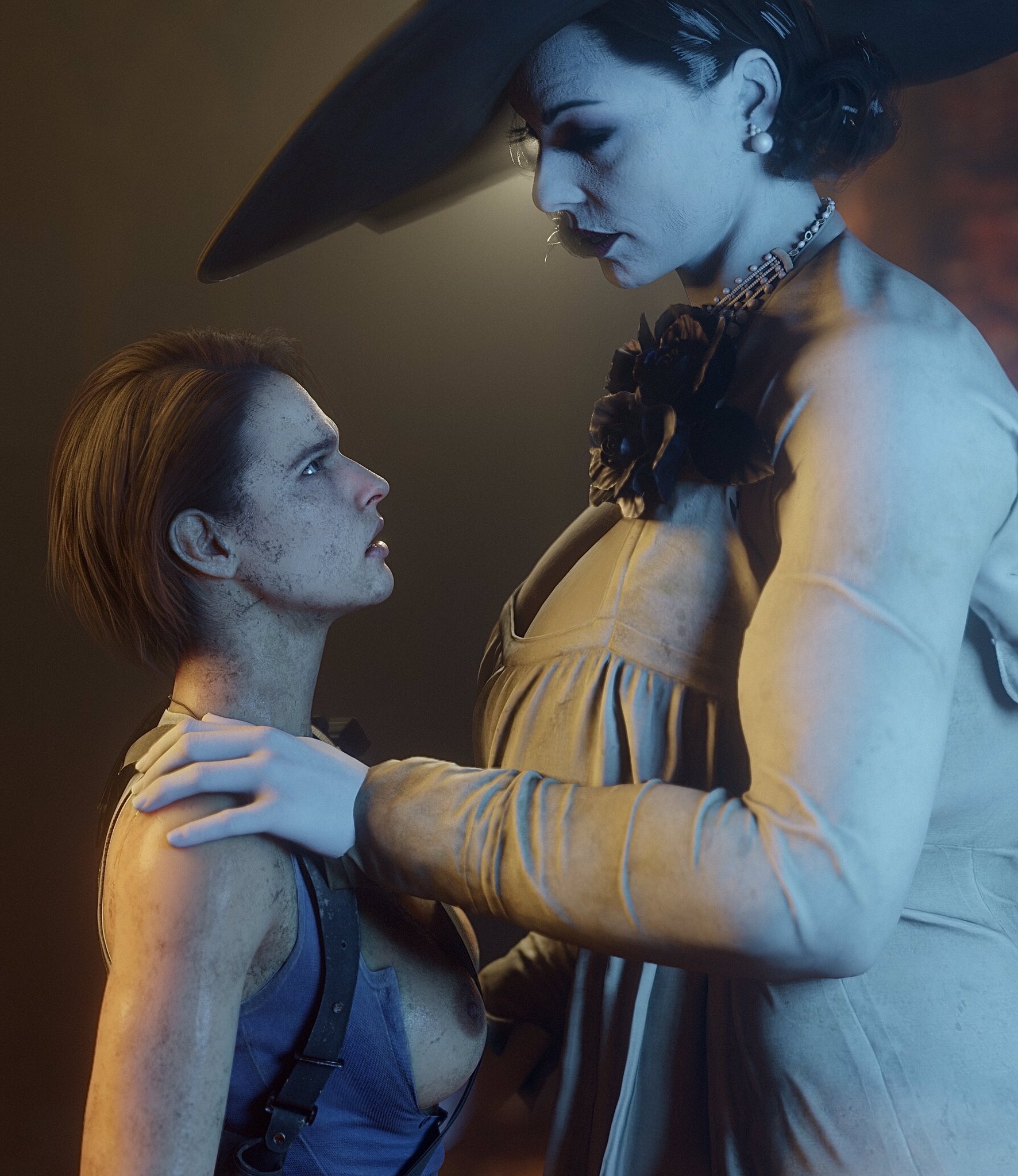 2girls, 3d, age difference, alcina dimitrescu, breasts, capcom, female, female only, jill valentine, jill valentine (sasha zotova), larger female, nipples, phoenix3d, resident evil, resident evil 3, resident evil 3 remake, resident evil 8: village, size difference, smaller female, yuri