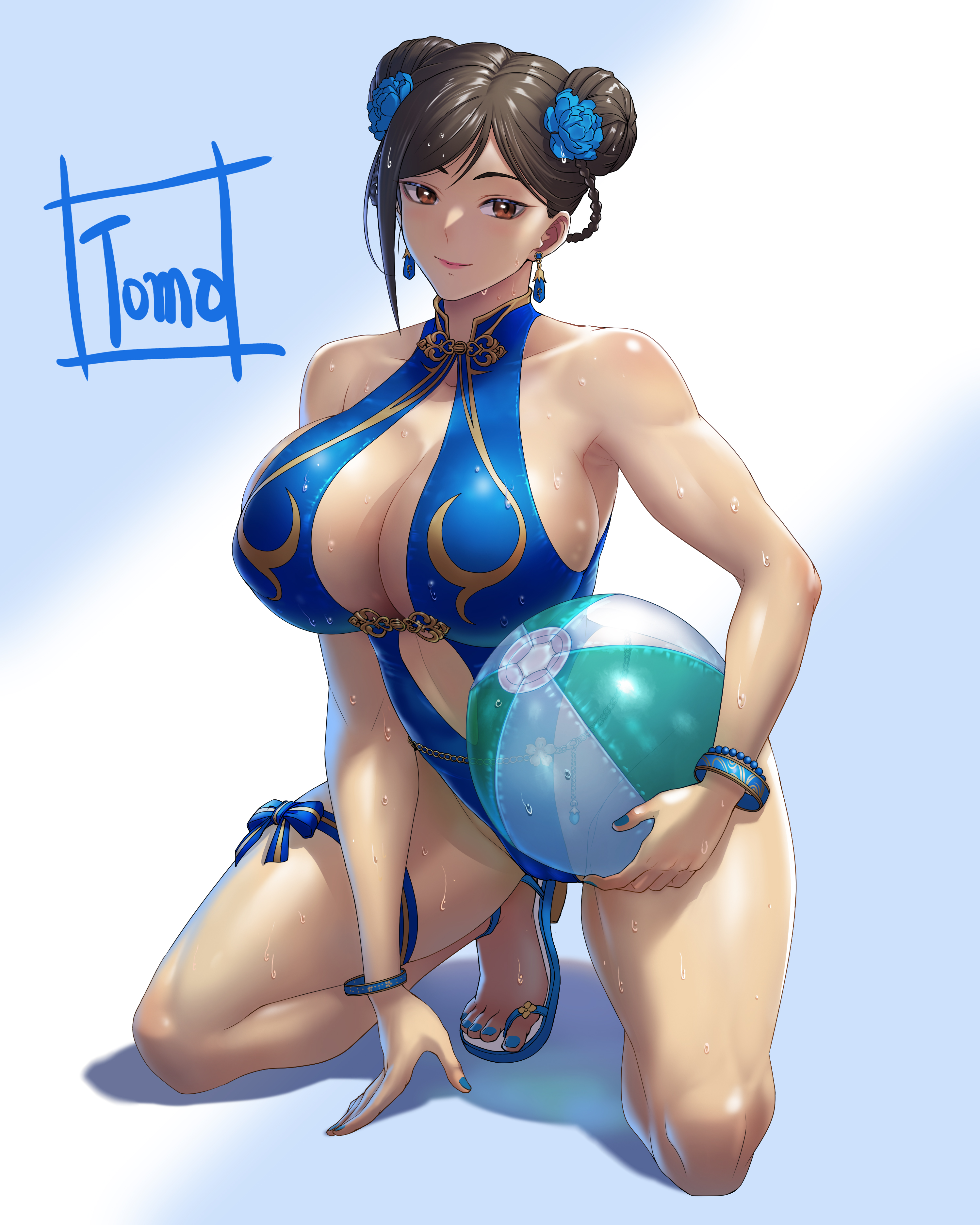 absurdres, artist name, asian, asian female, bare shoulders, blue background, blue one-piece swimsuit, boobs, bracelet, bracelets, breasts, brown eyes, brown hair, capcom, casual one-piece swimsuit, center opening, chun-li, cleavage, double bun, earings, feet, female, female only, flower, gradient background, hair bun, hair flower, hair ornament, highres, large breasts, looking at viewer, nail polish, nails, navel, official alternate costume, one-piece swimsuit, sandals, smile, smile at viewer, squatting, street fighter, street fighter 6, swimsuit, toenail polish, toes, tomo eokaiteru, twin braids, twin buns