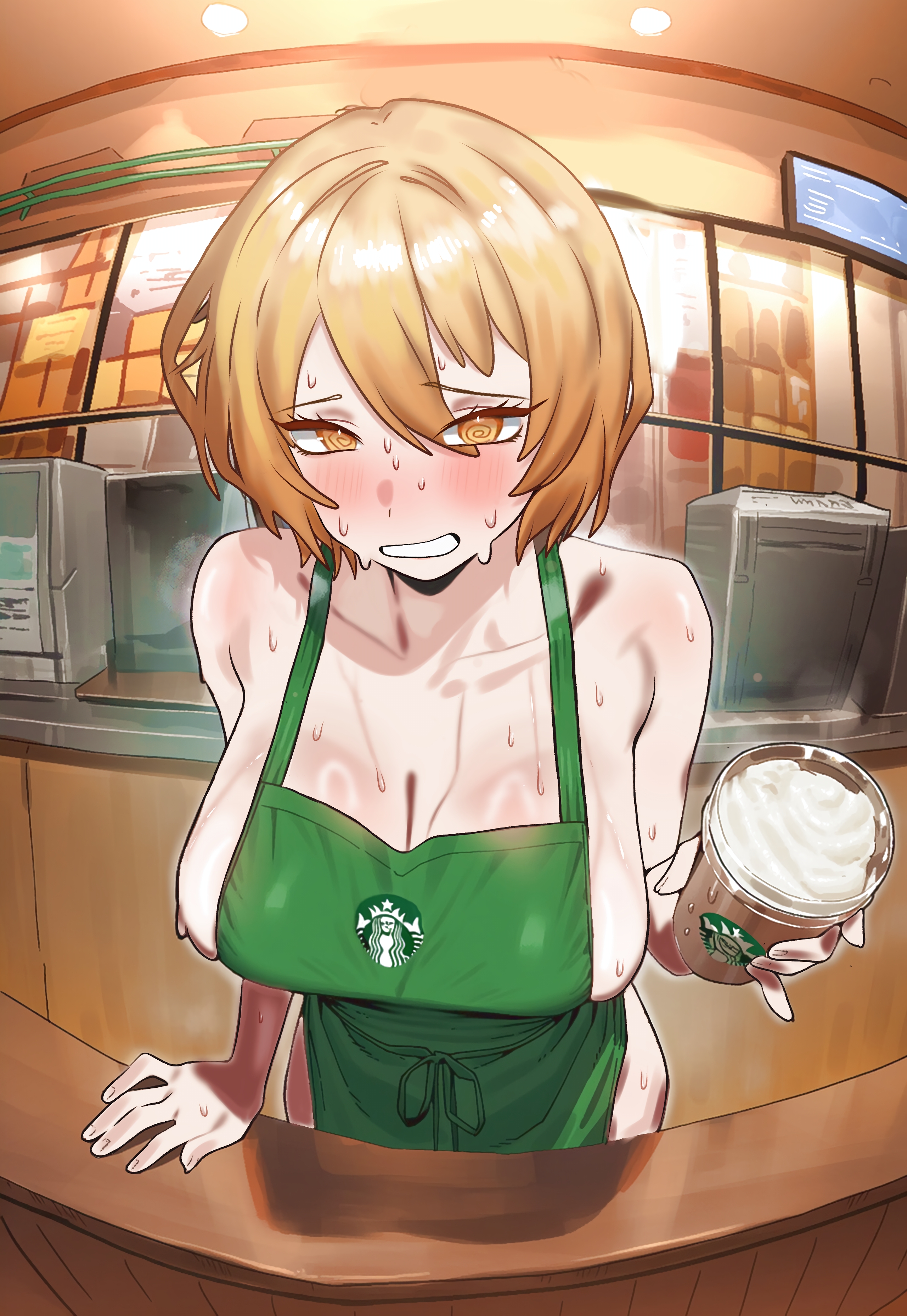 1girls, ai assisted, apron, apron only, blonde hair, don quixote (limbus company), edit, edited, female, lactation, limbus company, meme, meme attire, milk, nervous, nervous smile, project moon, starbucks meme, sweat, third-party edit