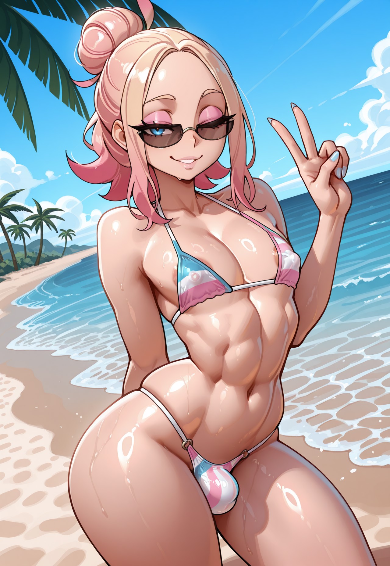 1boy, 1femboy, 2025, ai generated, alternate version available, areola, areola slip, beach, benero, bikini, bikini bottom, bikini top, bulge, civitai, crossdressing, erect nipples, erect nipples under bikini, erect penis, erection, eyelashes, eyeshadow, femboy, feminine male, game freak, genderswap, genderswap (ftm), girly, looking at viewer, male, nintendo, nipples, one eye closed, outdoors, outside, peace sign, pectorals, penis, pink eyeshadow, pokemon, pokemon legends: z-a, rule 63, solo, standing, taunie (pokemon), townie (pokemon), trap, two-tone hair, v, v sign