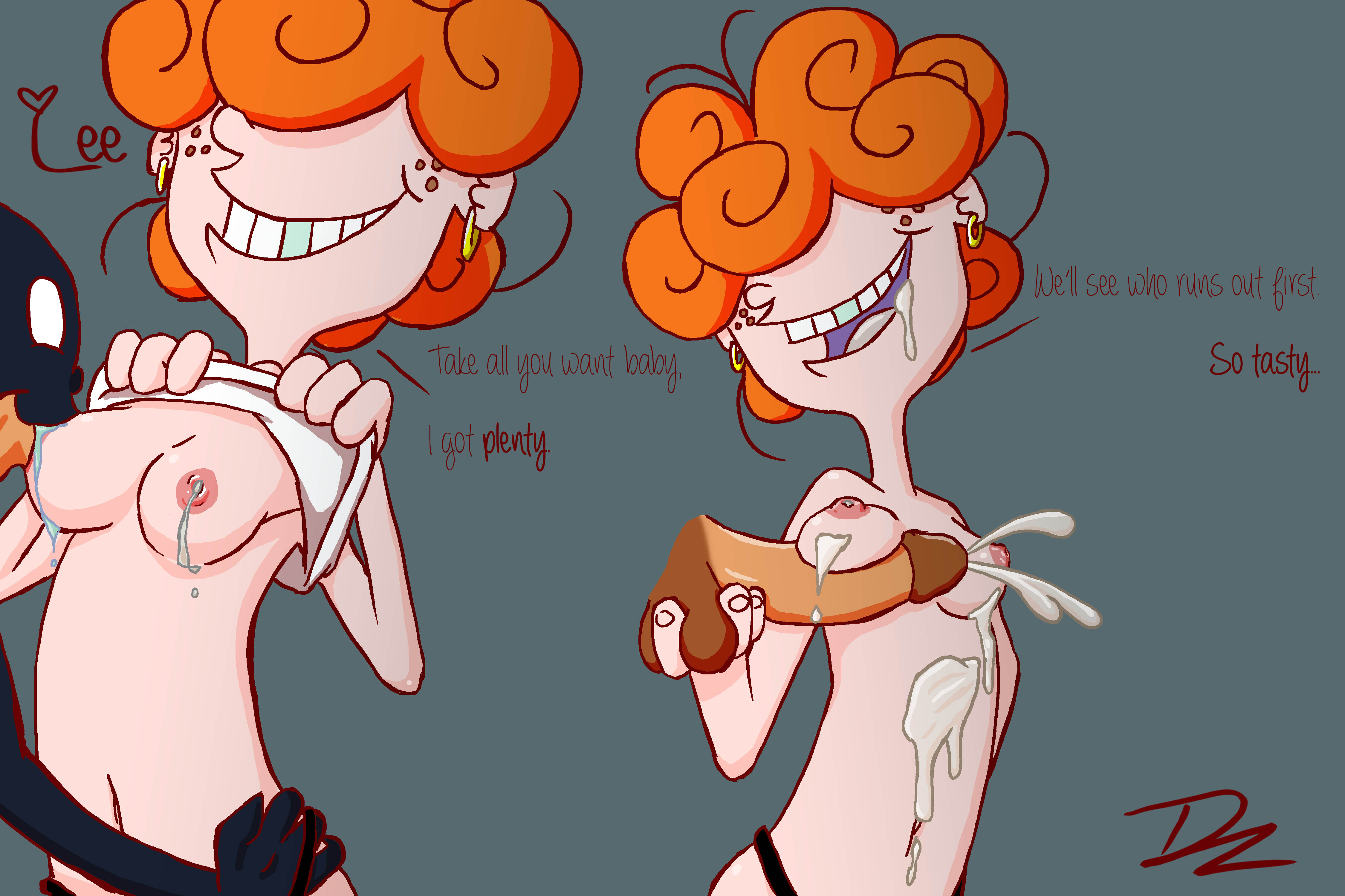 1boy, 1girls, breast sucking, breasts, cartoon network, cum on breasts, disembodied penis, dzyer, ed edd n eddy, female, kanker sisters, lactation, lee kanker, male, penis, straight hair, thong