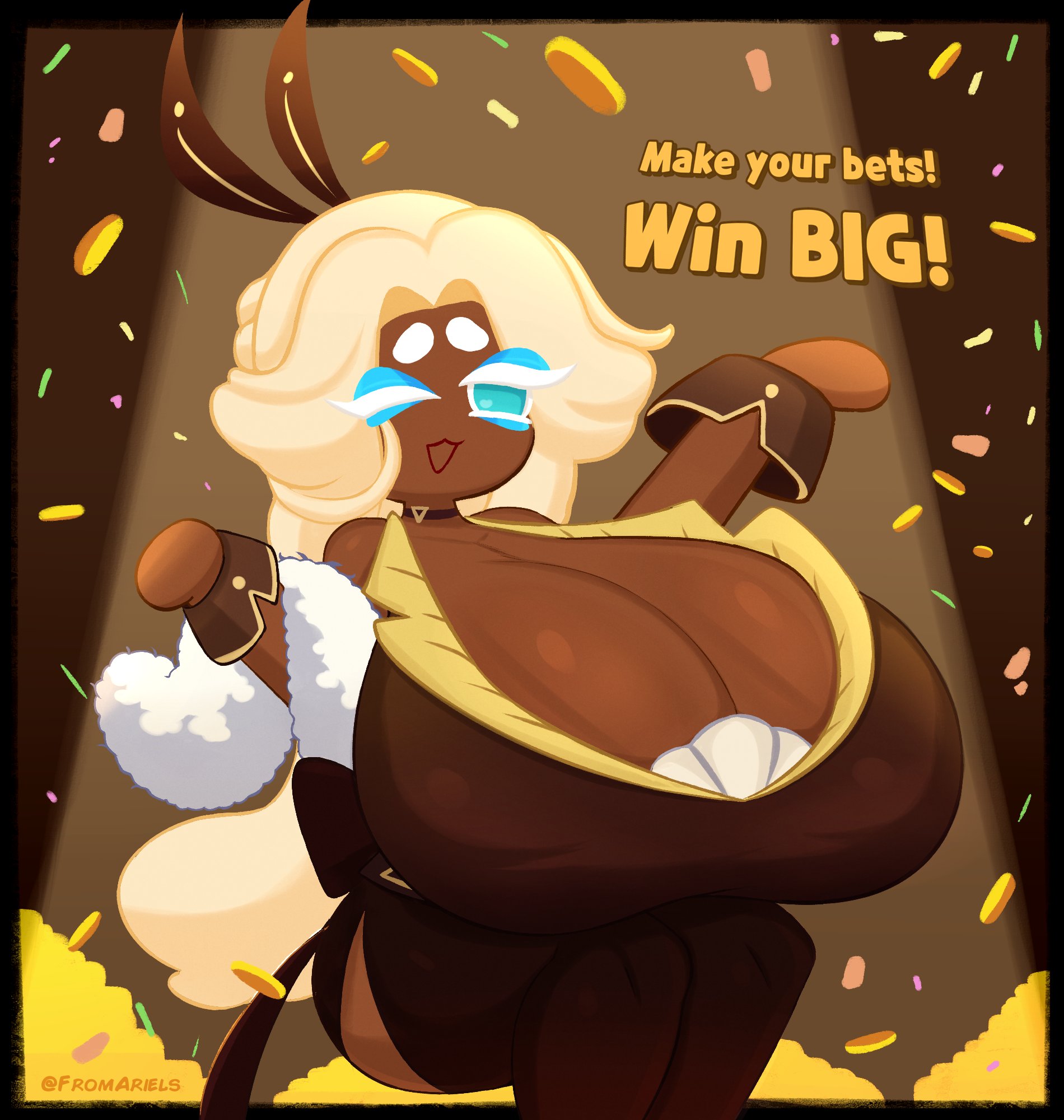 1girls, big breasts, breasts, bunny ears, coin, coins, cookie run, dark skin, dark-skinned female, female, female only, fromariels, gambling, huge breasts, hyper, hyper breasts, money, mozzarella cookie