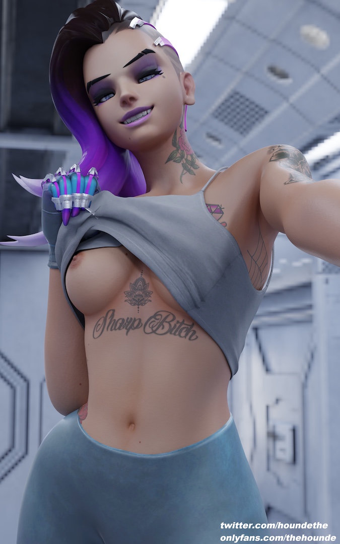 10:16, 1girls, 3d, blizzard entertainment, breasts, dark skin, dark-skinned female, female, female only, latina, medium breasts, nipples, overwatch, shirt lift, solo, sombra, tattoo, thehounde