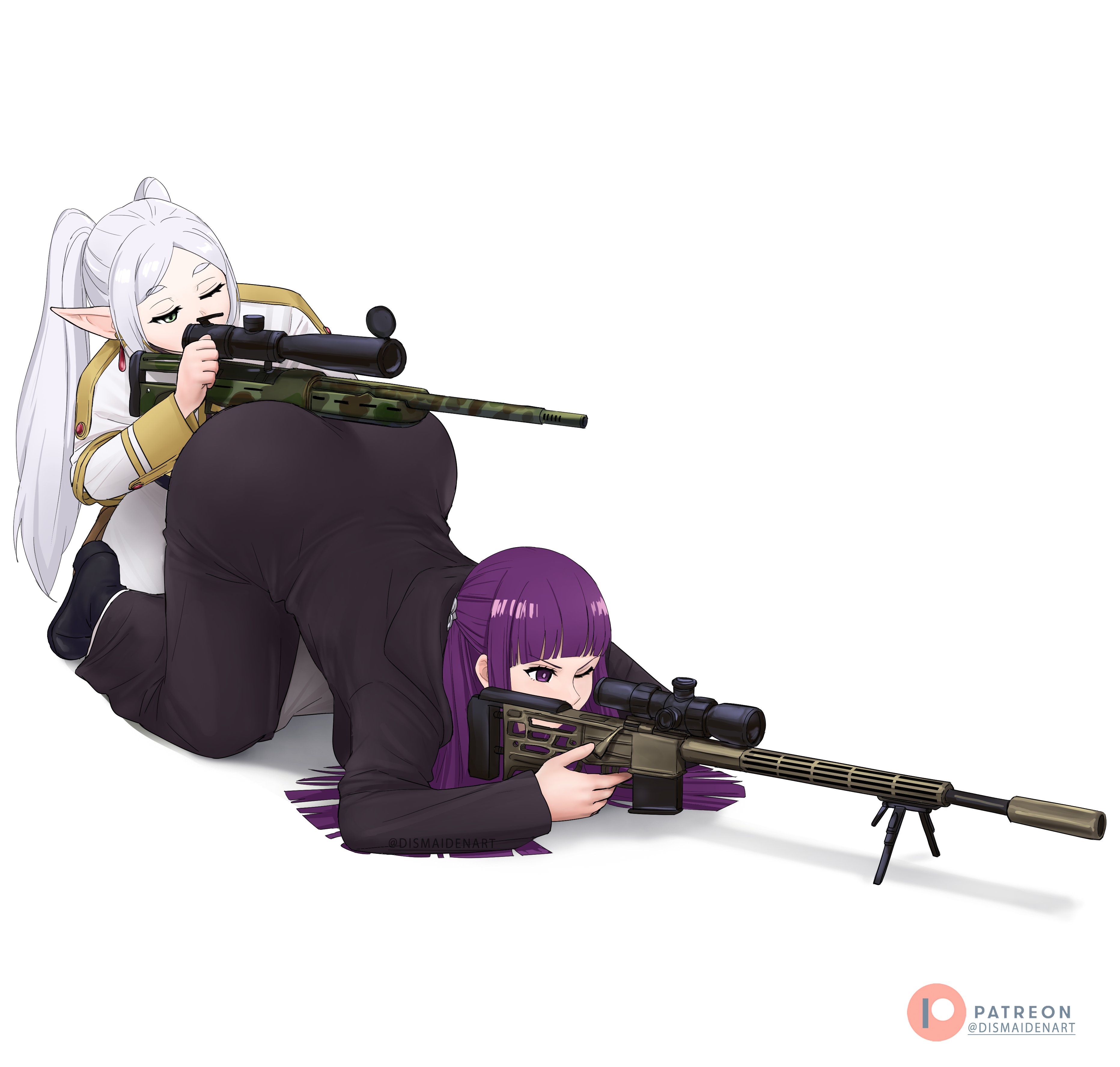 2girls, artist name, ass, ass focus, bent over, dismaiden, elf, elf ears, elf female, face down ass up, female, female only, fern (sousou no frieren), frieren, frieren beyond journey's end, fully clothed, gun, humor, kneeling, light skin, light-skinned female, meme, multiple females, multiple girls, purple hair, round ass, sniper, sniper rifle, sousou no frieren, white background, white hair