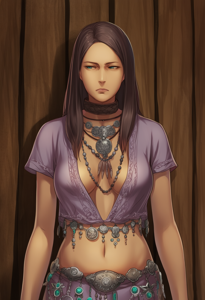 ai_generated belly_button blue_eyes bottomwear brown_hair choker cleavage collar female jewelry large_breasts light-skinned_female long_hair midriff sfw skirt topwear