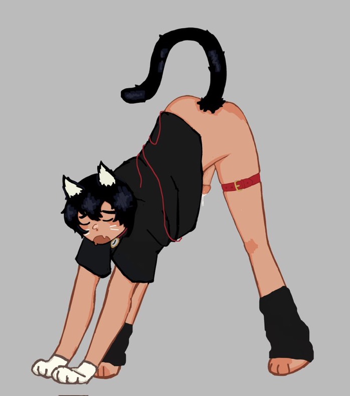 black hair, cat boy, cat ears, cat tail, catboy, cum, date everything, dripping cum, half naked, hanging penis, male, male solo, penis, sketch, stretching, timothy timepiece (date everything)